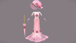 Female Beautiful Cake Dress Hat Gloves Umbrella hat, victorian, style, cake, vintage, fashion, retro, girls, flowers, clothes, big, rose, wedding, pink, dress, gown, realistic, old, real, beautiful, large, womens, elegant, decorated, lace, wear, gloves, metaverse, pbr, low, poly, female, blue, outift, embelished, umberall