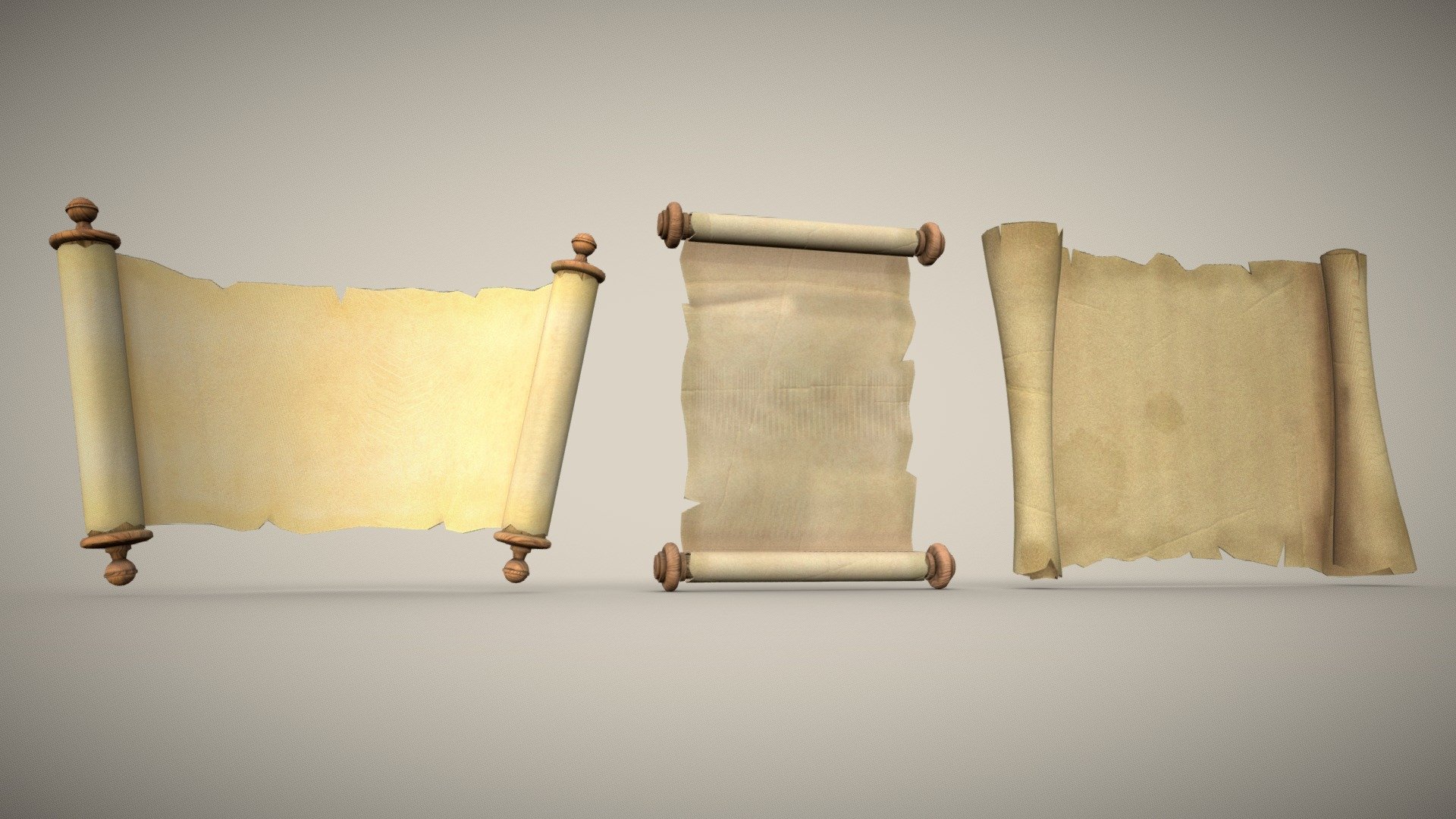 Set of three papyrus scrolls PBR low-poly game ready 
1 
Polygons 2090 
Vertices 2068 
2 
Polygons 1662
Vertices 1776
3 
Polygons 2018 
Vertices 2052 - Set of three papyrus scrolls PBR low-poly game - Buy Royalty Free 3D model by Svetlana07 3d model