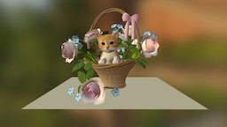 Kitten and flower basket basket, flowers, kitten, roses