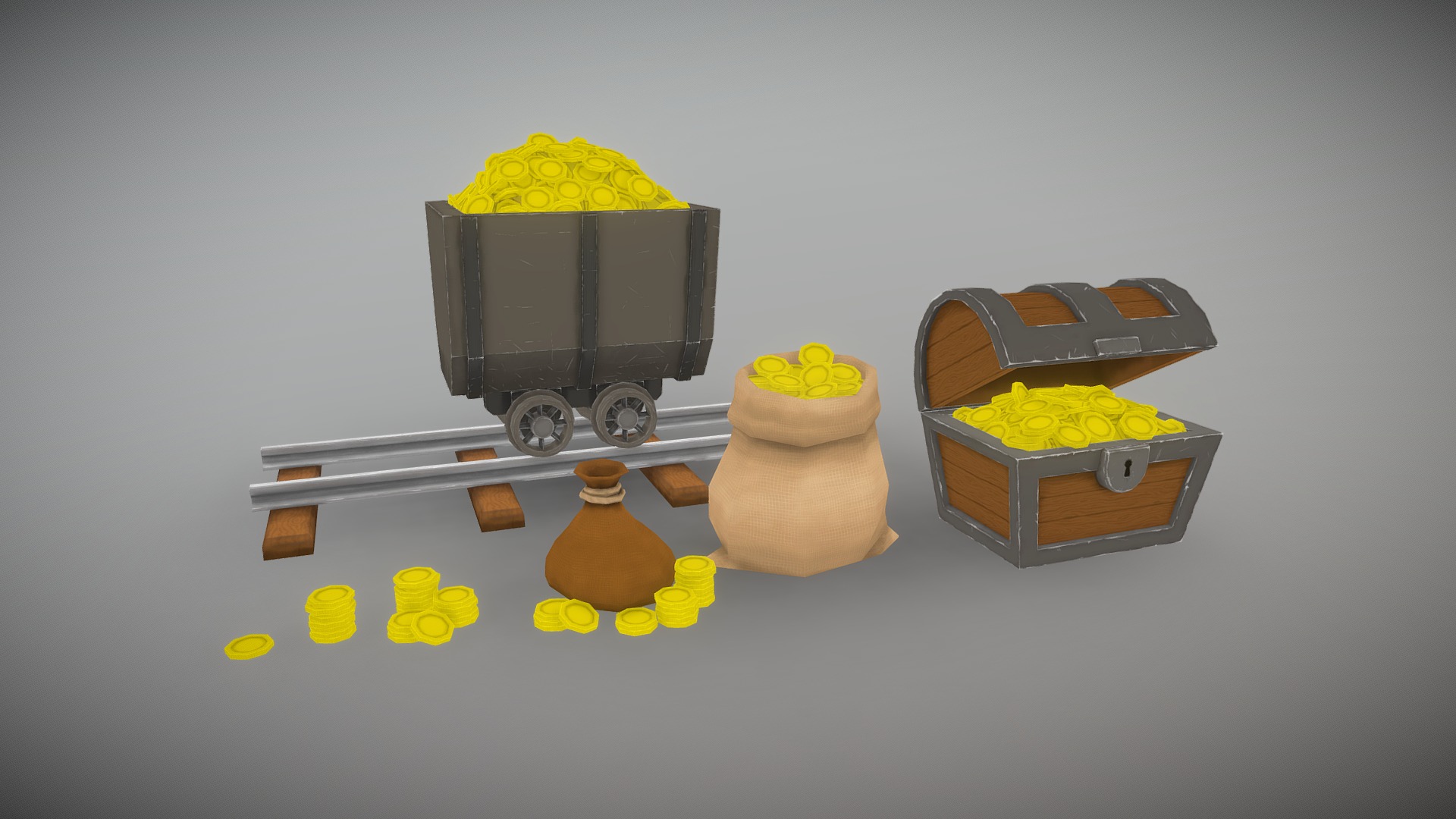 A collection of low poly coins for use in games. Grouped into layout sets for easy placement of assets in games. Includes; Coin puch, sack, treasure chest &amp; minecart 3d model