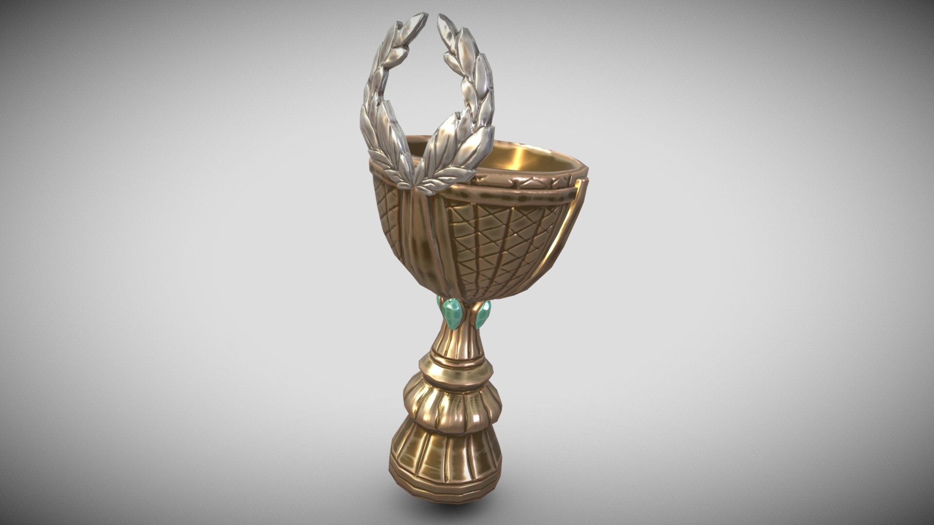 If you need additional work done do not hesitate to contact me, I am currently available for freelance work.

Stylized golden victory goblet for a winner. Turquoise gems decorate the handle of this cup, alongside a silver laurel wreath at the top.
Full retopology and pbr colored.

1218 Vertices

Highpoly sculpted in Nomadsculpt.

Lowpoly made in Blender

Highpoly and Lowpoly-model are in a Blend-file included in additional file with embedded materials 3d model