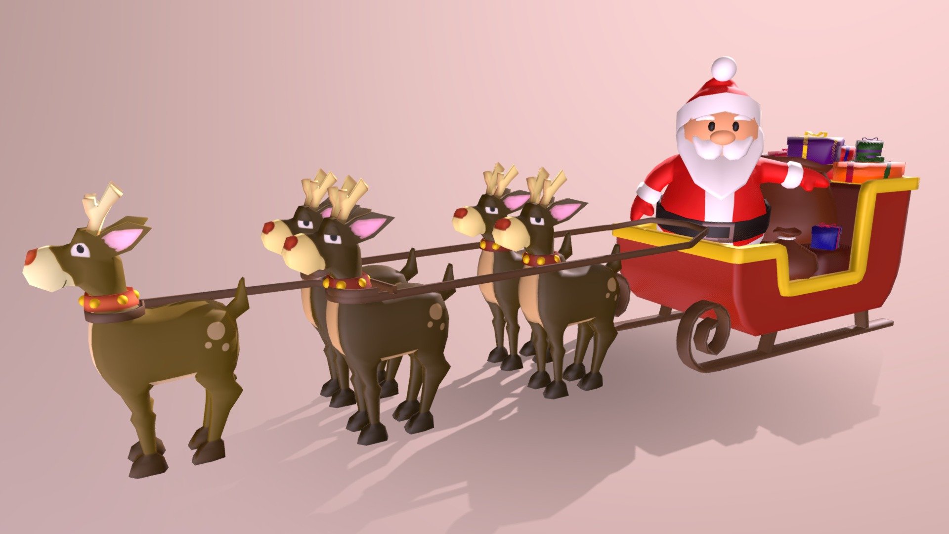 This is a Santa with Christmas presents on sleigh 3D model. This is a low poly model. It is made in Autodesk Maya 2018 and texturized with Arnold materials , iluminated and rendered in Arnold.

This model can be used for any type of work as: low poly or high poly project, videogame, render, video, animation, film…This is perfect to use it as decoration in a Christmas Scene or for a CHristmas postcard image with other christmas decoration that you could see in my profile too…

There are a lot of different type of present: with different colours,different sizes and forms. Also, all of them have an interior but there are someones that you could open too if you want. THere are two bags, one opened with presents inside and another one closed next to the Santa. Also , there are five deers with sleigh.

I hope you like it, if you have any doubt or any question about it contact me without any problem! I will help you as soon as possible, if you like it I will aprecciate if you could give your personal review! Thanks - Santa Claus with sleigh - Buy Royalty Free 3D model by Ainaritxu14 3d model