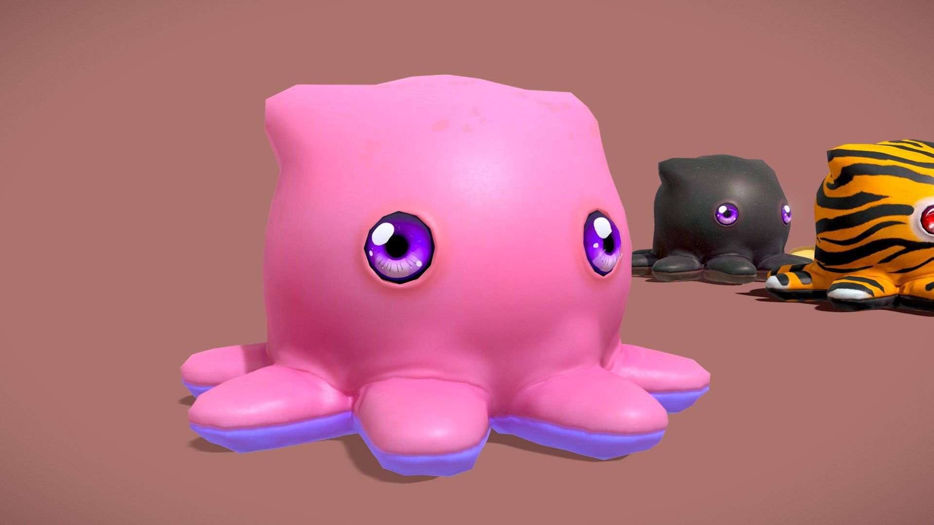 Cute low poly Octopuss with 14 animations for your game project!

Get 2 more rigged Model Variations for a lower price!: Octopuss Collection

Included files:





1 rigged Octopuss and a cat-ear version. Triangle count: 2616




1 rigged transparent Octopuss variation. Triangle count: 7286




14 Animations (many locomotion, idle, attack, death animations)




9 Eye variations and 11 color variations




Maps (2048x2048 PNG): basecolor, metal, roughness, normal, opacity, emission. Seperate Shaders for body and eyes.




Tutorials on Shader setup for eyes and body




Unity/Unreal: optional Channel packed textures for each engine. All movement-animations come with a &ldquo;no-root-motion