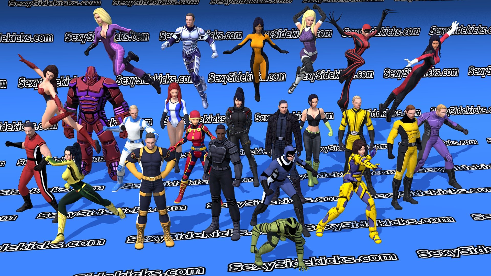 The Superhero Construction Kit includes:
        42 male superhero animations (root motion and non root included)
        42 female superhero animations (root motion and non root included)
        15 male outfits
        20 female outfits
        30 female hairstyles
        20 male hairstyles
        PSD layers for changing haircolor, eye color, faces, skin color
        PSD layers for outfits, so you can mix and match
        a complete Unity 5.1.3 project with playable characters
        Check out the animation previews https://skfb.ly/6y8UU and  https://sketchfab.com/models/7cd6d4da2f8c4578a6f176057dd4c791 - Super Hero Construction Kit - Buy Royalty Free 3D model by rungy 3d model