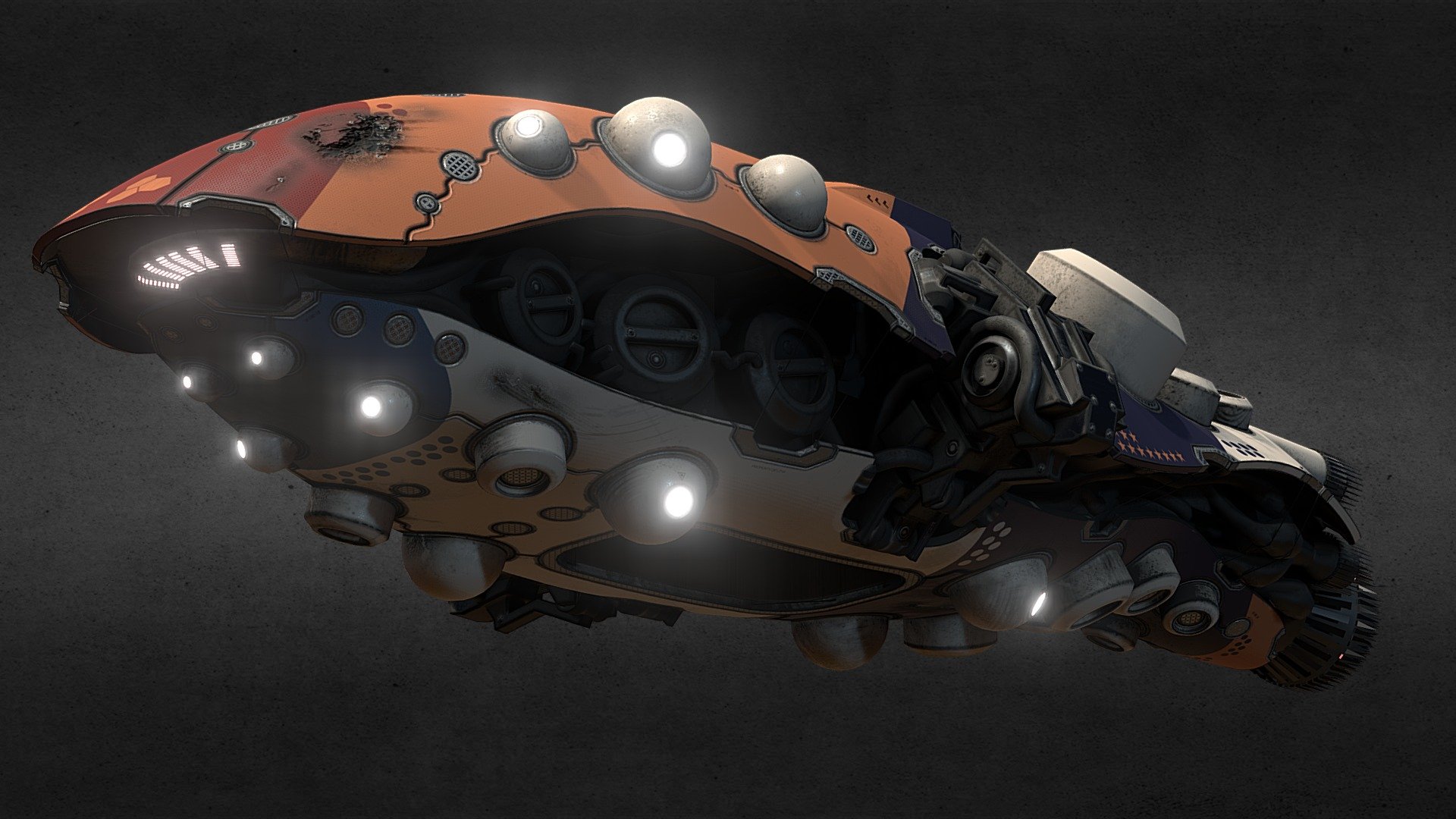 Blender + Substance Painter. Game ready - final model is under 70k triangles and three 4k UDIM’s.

Alternative colored version of https://sketchfab.com/3d-models/sci-fi-ship-whale-class-security-frigate-2c1009114bee4c128b506ad217015d7f - Sci-Fi Ship - WH0501(Alt colors) - 3D model by futaba@blender (@futaba_blender) 3d model