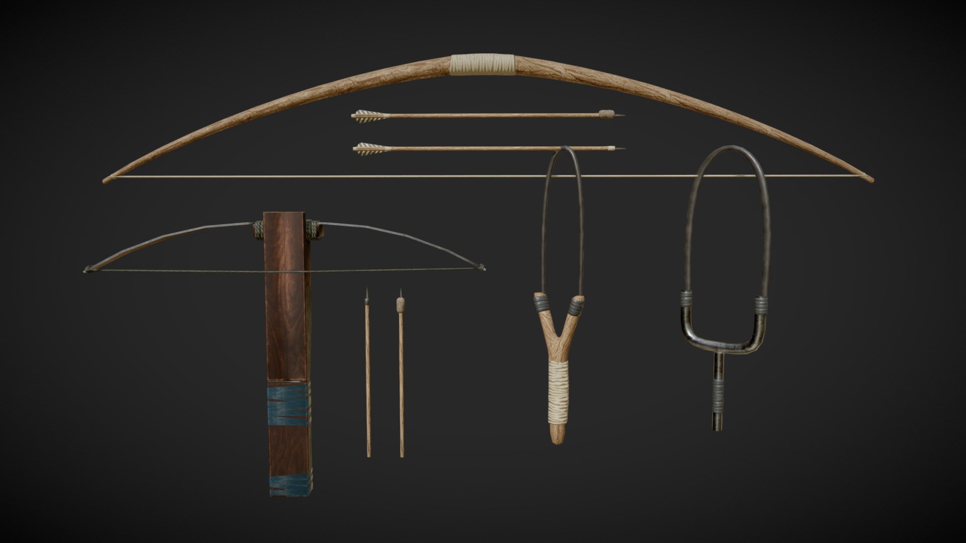 Crafted from natural and artificial materials, these makeshift weapons are suitable for survival games in modern or natural environments.

Read more about the Improvised Weapons props series here: 
https://runemarkstudio.com/unity-assets/improvised-weapons/ - Makeshift Ranged Weapons - 3D model by RunemarkStudio 3d model