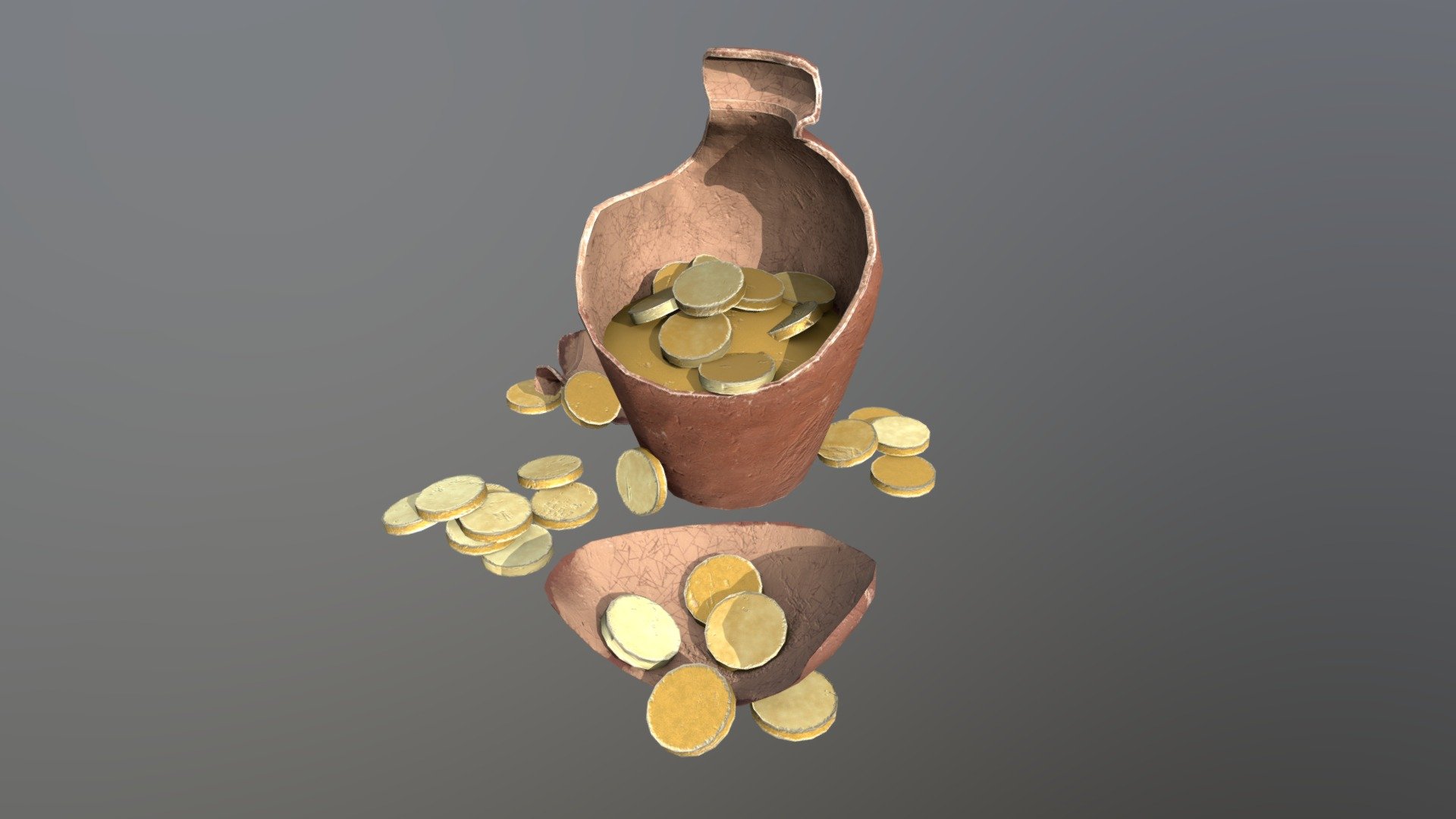 Old broken clay vase with gold coins
Tris: 6 060

Texture 2k.
PBR Material.
Hand painted textures - CoinsClay (Game ready asset for Unity URp) - Download Free 3D model by Viktor_ (@Viktor.Zhuravlev) 3d model