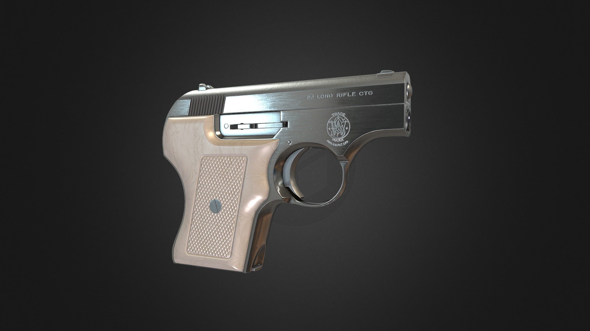 Game-ready S&amp;W Model 61, modeled in Maya and ZBrush, baked in Marmoset Toolbag, textured in Substance 3D Painter.
7,355 Tris, 4k Texture Set. 

The Smith &amp; Wesson Model 61, also called the Escort or Pocket Escort, is a self-defense pistol that was produced from 1970 to 1973. It is a five-shot (plus one in the chamber) semi-automatic recoil-operated pistol firing the .22 Long Rifle cartridge. They came in two variations, blued with faux-wood grips and nickel-plated with faux-ivory grips.
The pistol has been mainly forgotten except for its inclusion in the 1976 film &ldquo;Taxi Driver