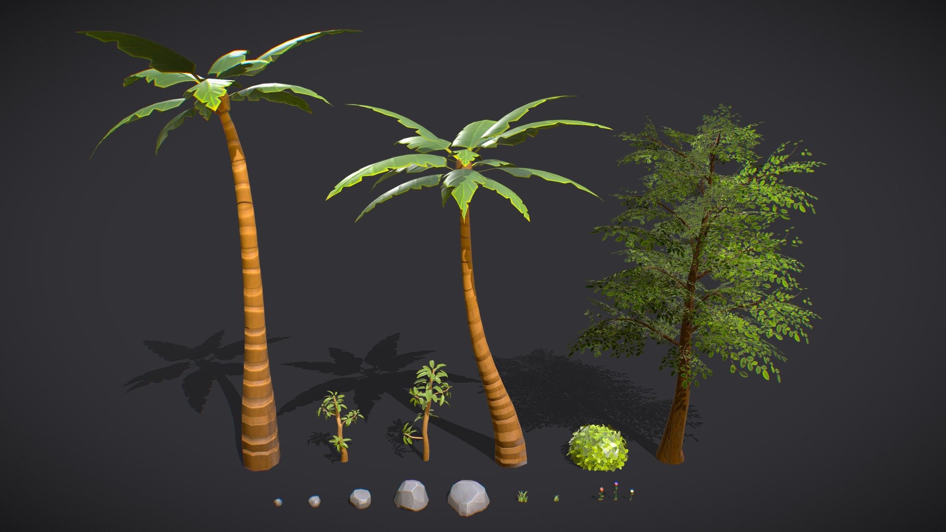 A Package of Stylized Nature vegetation incluiding Trees, Palm Trees, Flowers and more.

Are you liked this Package? Feel free to take a look on my another models! Here

Features:

.Fbx, .Obj, .Uasset and .Blend files.

Low Poly Mesh game-ready.

Real-World Scale (centimeters).

Unreal Project 4.18+

Custom Collision for Unreal Engine 4 (Handmade).

Tris Count: 40 to 6,429.

Number of Textures (PNG): 42

Number of Textures (UE4): 26

Number of Materials (UE4): 3 Materials and 10 Material Instances

PBR Textures (512x512), (1024x1024) and (4096x4096) (PNG).

Type of Textures: Base Color, Roughness, Metallic, Normal Map and Ambient Occlusion (PNG).

Combined RMA texture (Roughness, Metallic and Ambient Occlusion) for Unreal Engine 4 (PNG) 3d model