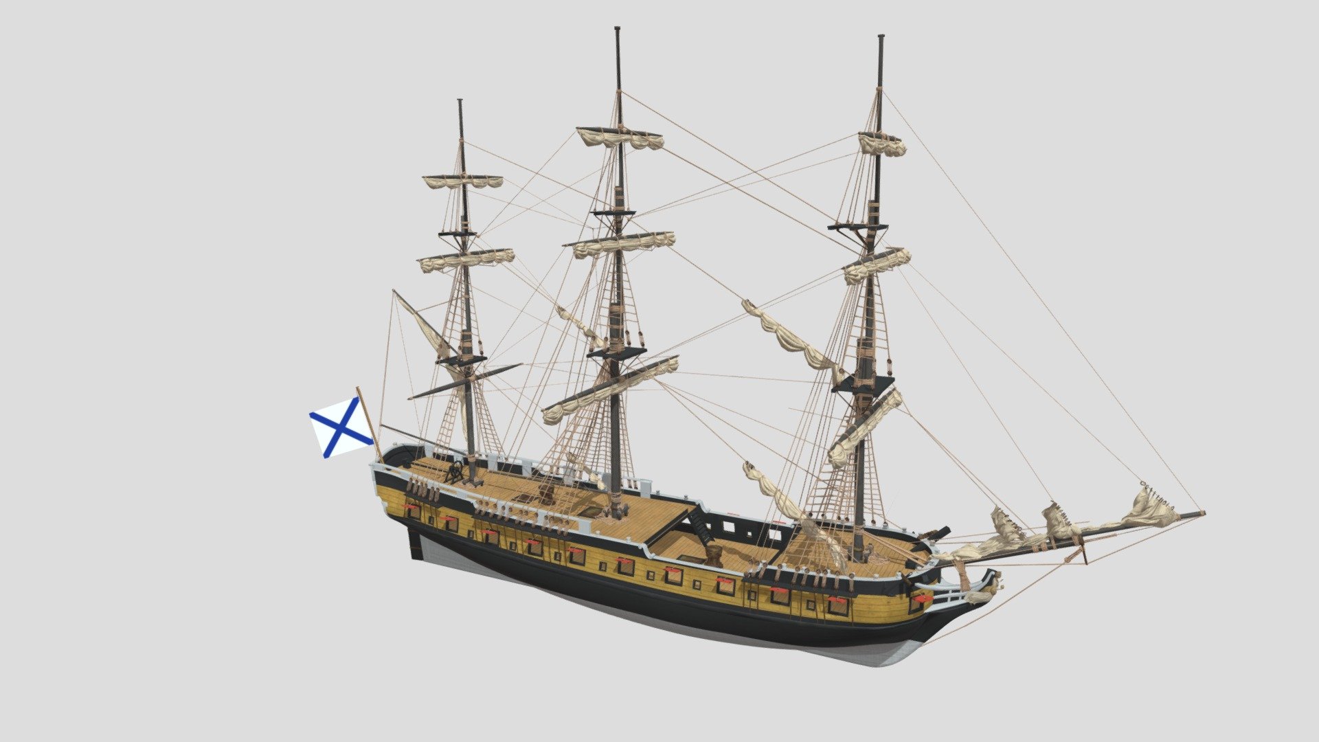 The Aleksander class frigate Svjatoi Nikolai was the largest Russian archipelago navy class ship in 1790. The ship sunk in the Second Battle of Svensksund (Ruotsinsalmi) on July 9th 1790 and was rediscovered in 1948. Aleksandr class frigates had a typical ship rig of the period. Aleksandr class is known as an archipelago or rowing frigate.

Hull dimensions:
•   Length at waterline: 39.60 m
•   Greatest width (breadth): 9.80 m
•   Greatest depth: 3.6 m

Ship 01A, Russian Aleksander Frigate Class, Open sails, 9.5.2020, programs: Blender, Substance Painter, UE4

This model was created in the Maritime Museum of Finland project &ldquo;Historia eläväksi digitaalisella tarinankerronnalla