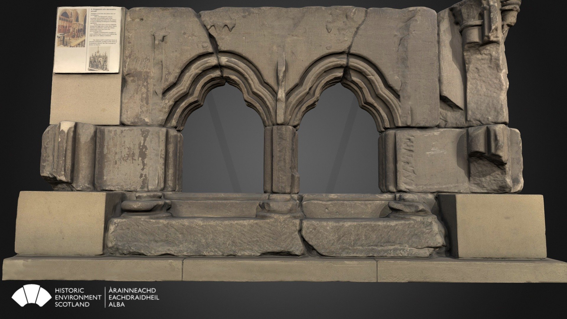 These arches once formed the base of a tomb or shrine in the early medieval church that is now part of Glasgow Cathedral. 

It may have been associated with the shrine of St Kentigern, the first bishop within the ancient British kingdom of Strathclyde, who died in 614. 

Arched structures like this were sometimes used to enclose holy relics so passing pilgrims could see and venerate them.

For information on visiting Glasgow Cathedral, see our website. 

534 x 420 x 380mm

GLA/o/1a-i | Rae Project - Shrine Base, Glasgow Cathedral - 3D model by Historic Environment Scotland (@HistoricEnvironmentScotland) 3d model