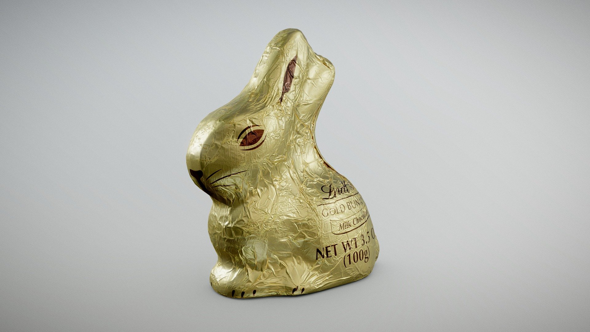 ** Gold Bunny (Wrapped) **

Lindt GOLD BUNNY Milk Chocolate from Germany.

9.9 x 4.9 x 11.2 cm (44 micrometers per texel @ 4k)

Scanned using advanced technology developed by inciprocal Inc. that enables highly photo-realistic reproduction of real-world products in virtual environments. Our hardware and software technology combines advanced photometry, structured light, photogrammtery and light fields to capture and generate accurate material representations from tens of thousands of images targeting real-time and offline path-traced PBR compatible renderers.

Zip file includes low-poly OBJ mesh (in meters) with a set of 4k PBR textures compressed with lossless JPEG (no chroma sub-sampling) 3d model