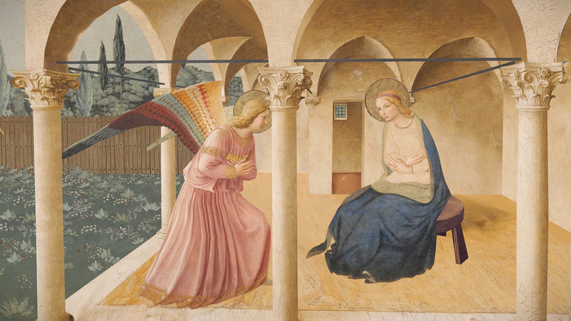 In the mid-fifteenth century Fra Beato Angelico frescoed the Dominican Convent of San Marco where he used to live. The fresco of the Annunciation in the north corridor is set in a portico overlooking the garden of the Virgin. A very similar garden figures in another fresco of the convent depicting the apparition of Christ to Mary Magdalene who mistakes him for the gardener. A reference that underlies a long medieval tradition that linked the figure of Christ to the flower. 

Two years ago, after reading these thoughts on a book by Didi-Huberman we came up with the idea of creating our first 3D painting: one of our favourite media to tell the infinite stories hidden in art.

Fra Angelico, Annunciation
fresco, Convent of San Marco, Florence, Italy
1440-1445 - The Annunciation - Fra Angelico - 3D model by Hermathena3D 3d model