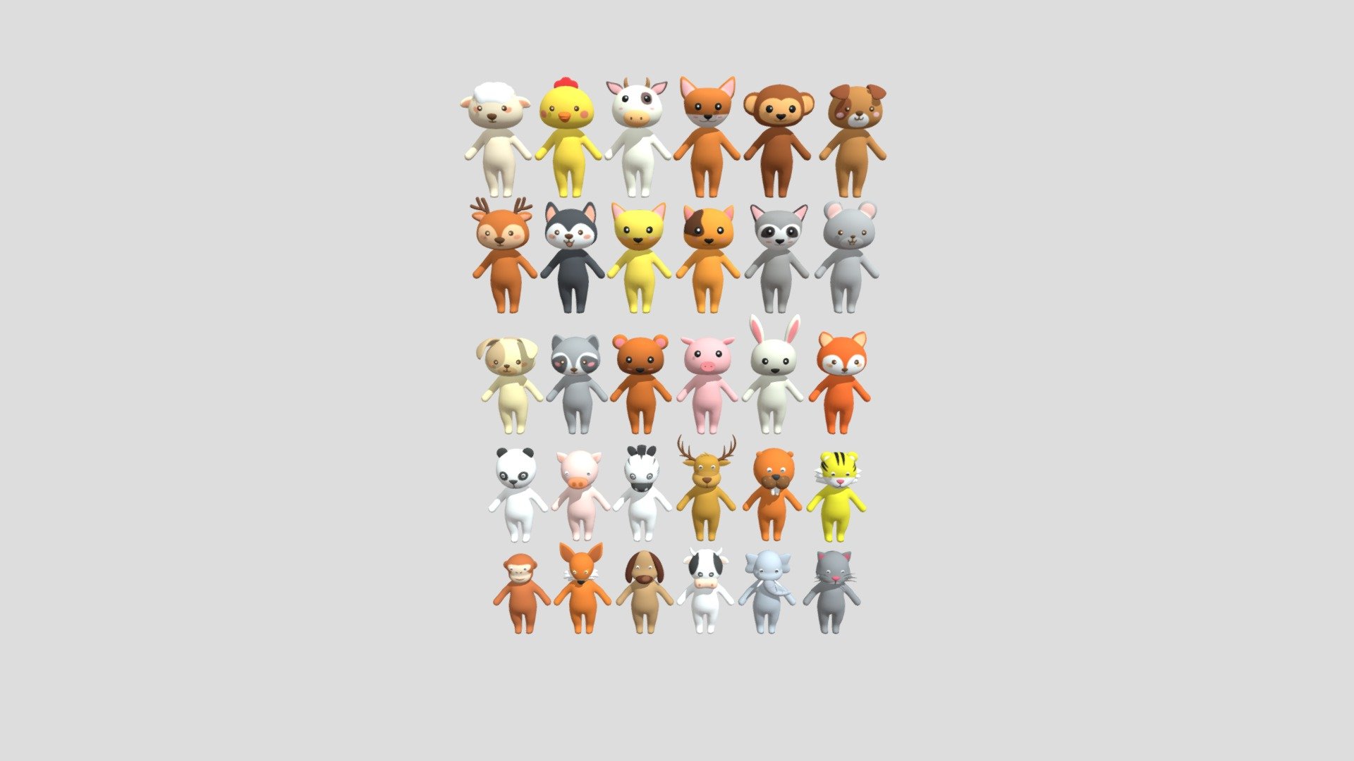 Collection with 30 character animals cartoon (Character002 Little Animal Pack).
This pack includes 30 animal face models. These product samples are very good for making games, ar, vr, web, cartoons, video rendering....

Format :

Blender (3.5)
Maya 2019 (.ma)
Dae
Glb
Fbx
Usdc
Abc
Obj
Clean topology:
No Rig.
Texture : 2048 x 2048 (Basecolor, Normal).
UV does not overlap.
Quadrilateral Grid.
Vertices: 102042
Polygon: 105132
List of animals :
Bear
Dog
Cat
Chicken
Cow
Elephant
Fox
Horse
Monkey
Panda
Pig
Rabbit
Deer
Wolf
Horse
Ratel
Sea Lion
Sheep
Tiger
Mouse (rat)
&hellip;
I have exported from the model to many supported file formats. Please leave positive feedback if you like this product. Thank you! - Character002 Little Animal Pack - 3D model by MayaZ (@linhleend) 3d model