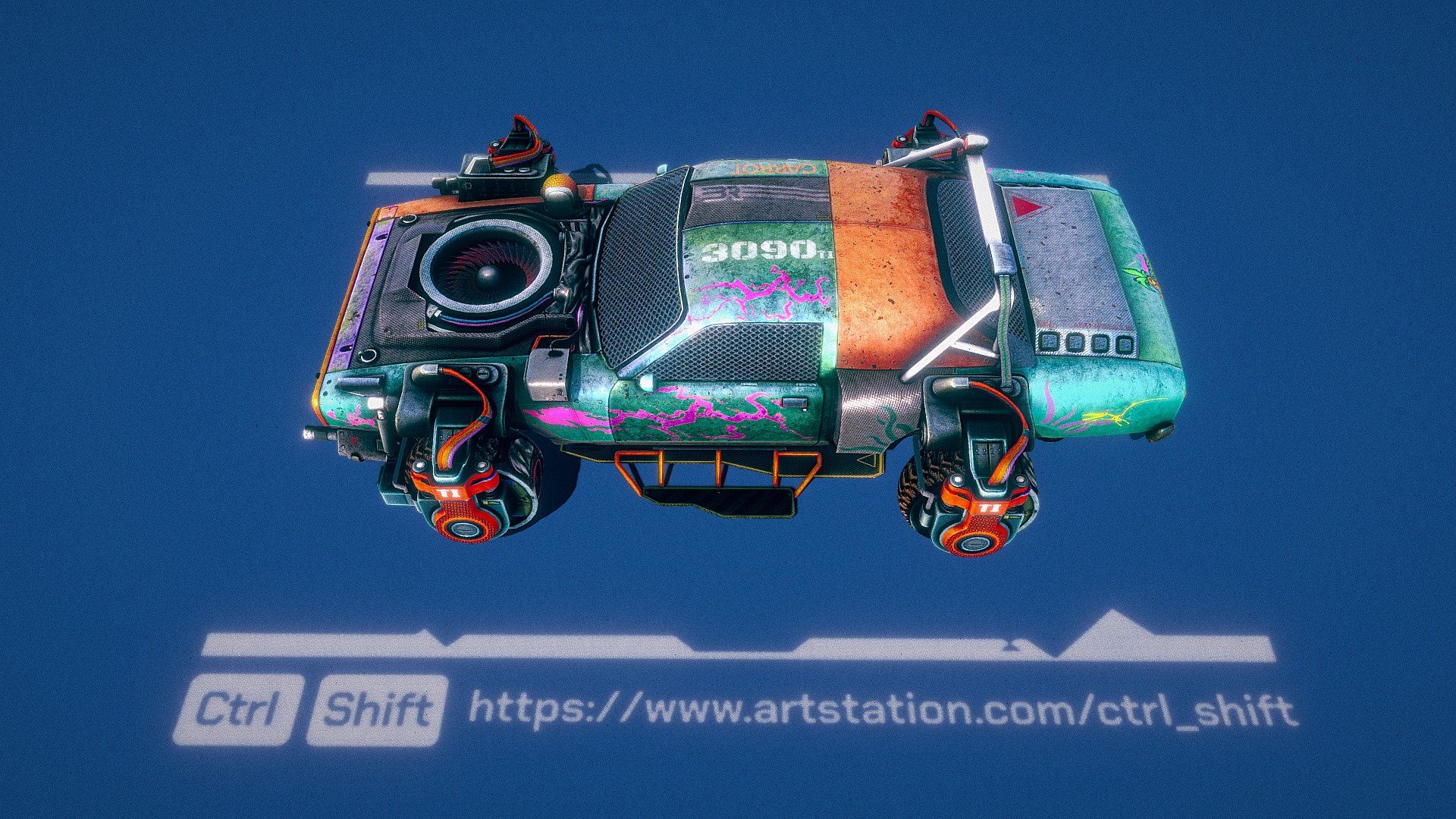Made this concept while I was participating in Cyber warfare challenge, concepting took 3 days, 1-2 weeks spent to finalize geo and rig.

Additional materials on Artstation: 
https://www.artstation.com/artwork/d0XE5A

Rig demo:
https://youtu.be/Brhb0-GpM0w - Cyberpunk hovercar animated - 3D model by CTRL_SHIFT 3d model