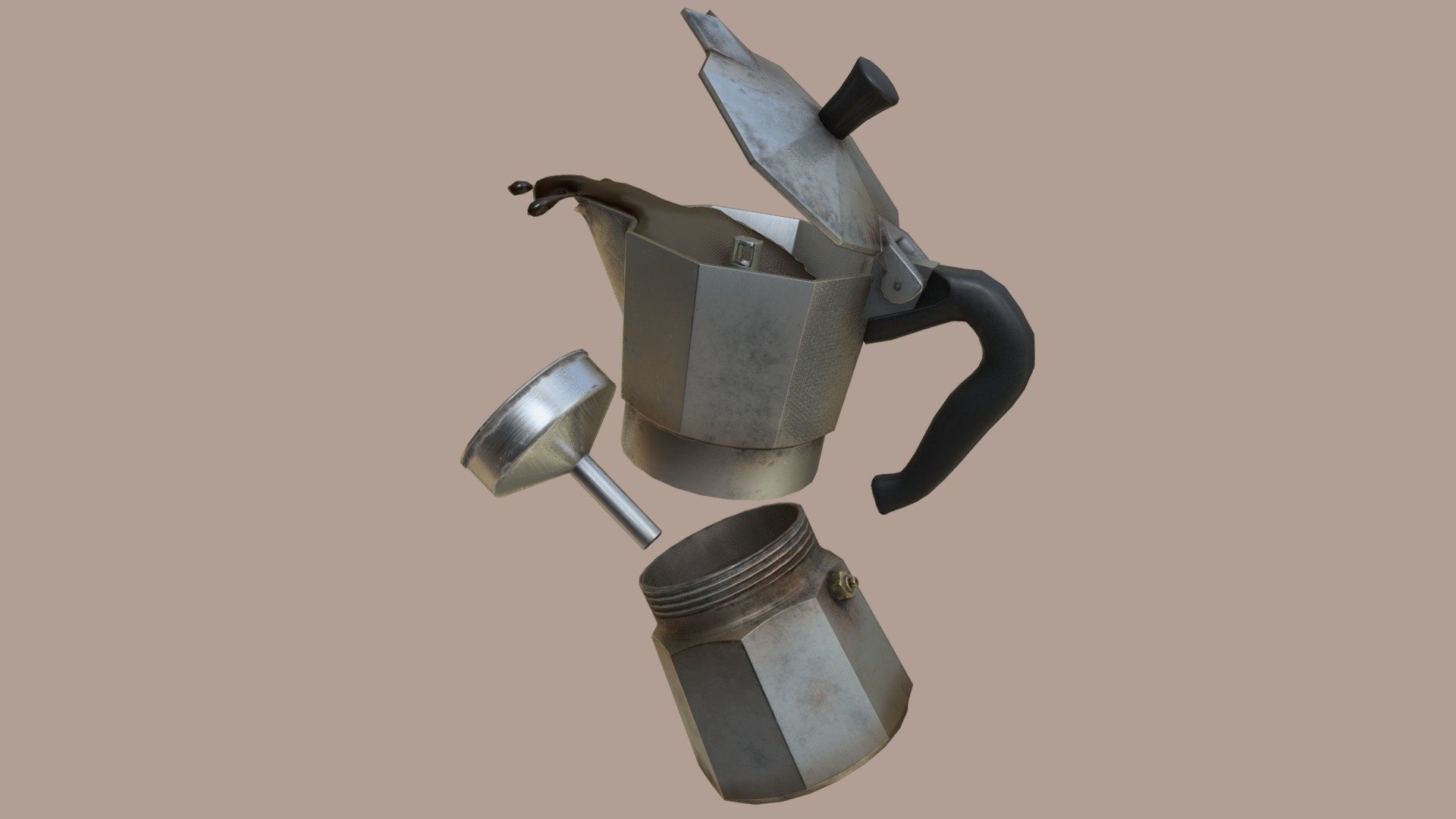Low poly Italian kettle (Moka Pot) with modeled interior and detailed normal map. 
Ideal for real-time applications

Includes 4096x4096 normal map and 2048x2048 PBR textures 3d model