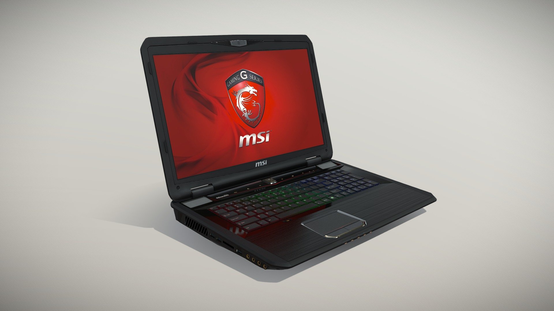 •   Let me present to you high-quality low-poly 3D model MSI GT70. Modeling was made with ortho-photos of real laptop that is why all details of design are recreated most authentically.

•    This model consists of two meshes, it is low-polygonal and it has only one material.

•   The total of the main textures is 5. Resolution of all textures is 4096 pixels square aspect ratio in .png format. Also there is original texture file .PSD format in separate archive.

•   Polygon count of the model is – 7452.

•   The model has correct dimensions in real-world scale. All parts grouped and named correctly.

•   To use the model in other 3D programs there are scenes saved in formats .fbx, .obj, .DAE, .max (2010 version).

Note: If you see some artifacts on the textures, it means compression works in the Viewer. We recommend setting HD quality for textures. But anyway, original textures have no artifacts 3d model