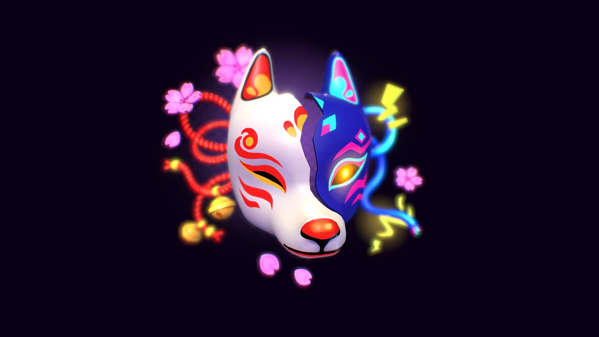 I wanted to model a kitsune mask for a long time .. but couldn't decide in what style should I make it.. a traditional white? or a cool cyberpunk dark version?
so I thought, why not both?
Made my own concept this time 3d model