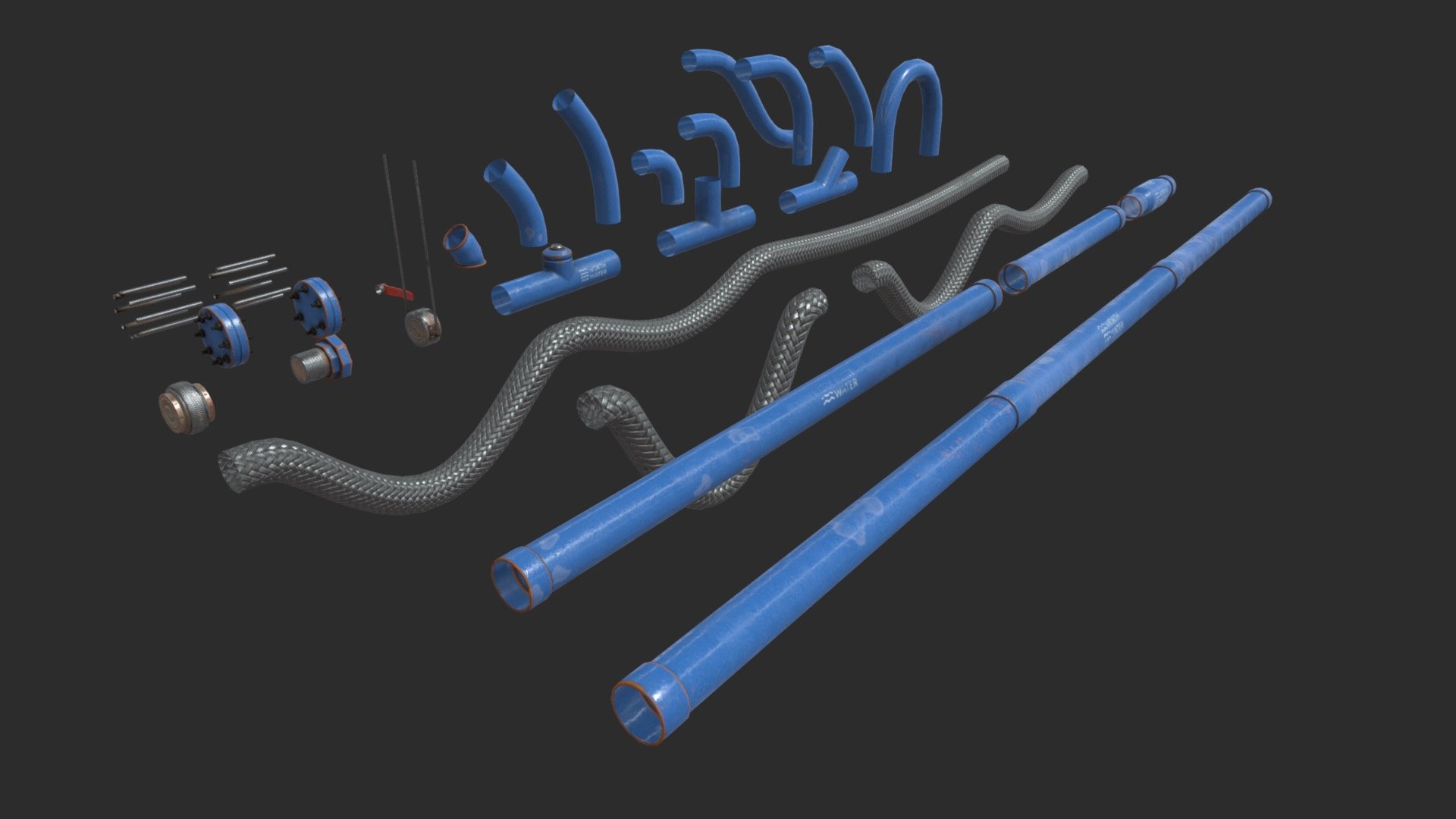 This modular pipes asset pack including 27 individual set Ø10 pipes with 4 LODs and colliders to get a good optimization. All elements can easily be positioned together by moving in 10cm increments. Also, this pack includes 37 pre-assembled sets to allow you to speed up your assemblies. 



INDIVIDUAL SETS INCLUDE :




4 elbow 90°

3 elbow 45°

1 U pipe

1 S pipe

2 T pipes

1 Y pipe

4 straight pipes

3 flexible pipes

2 screw joints

1 mounting bracket

1 handle valve

2 end of pipes

2 threaded rod sets

SPECIFICATIONS




Objects : 64

Polygons : 4975

GAME SPECS




LODs : Yes (inside FBX for Unity &amp; Unreal)

Numbers of LODs : 4

Collider : Yes

Lightmap UV : No

EXPORTED FORMATS




FBX

Collada

OBJ

TEXTURES




Materials in scene : 1

Textures sizes : 4K

Textures types : Base Color, Metallic, Roughness, Normal (DirectX &amp; OpenGL), Heigh &amp; AO (also Unity &amp; Unreal workflow maps)

Textures format : TGA &amp; PNG
 - Modular Pipes - Water Treatment - Buy Royalty Free 3D model by KangaroOz 3D (@KangaroOz-3D) 3d model