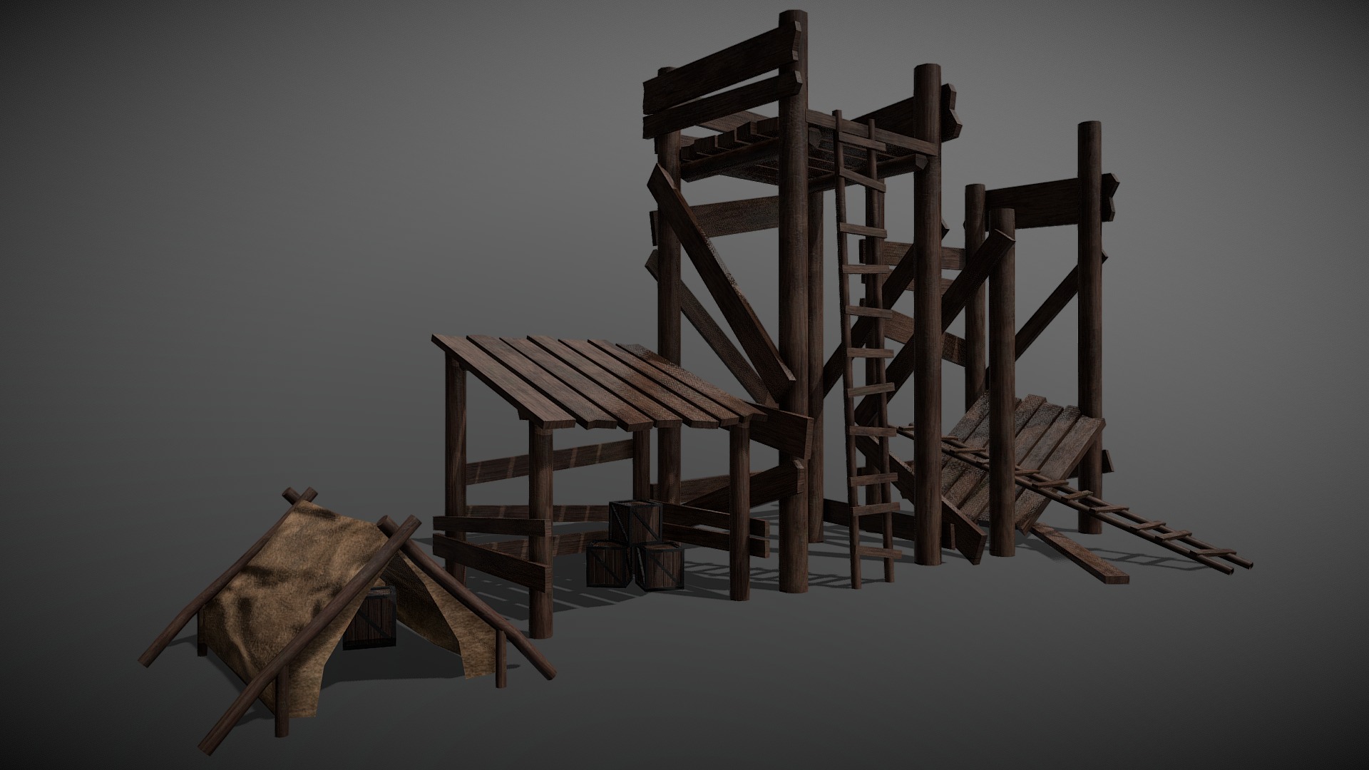 Four wooden environment assets to be used in any context, all created low-poly with a single UVW unwrap for the PBR material 3d model