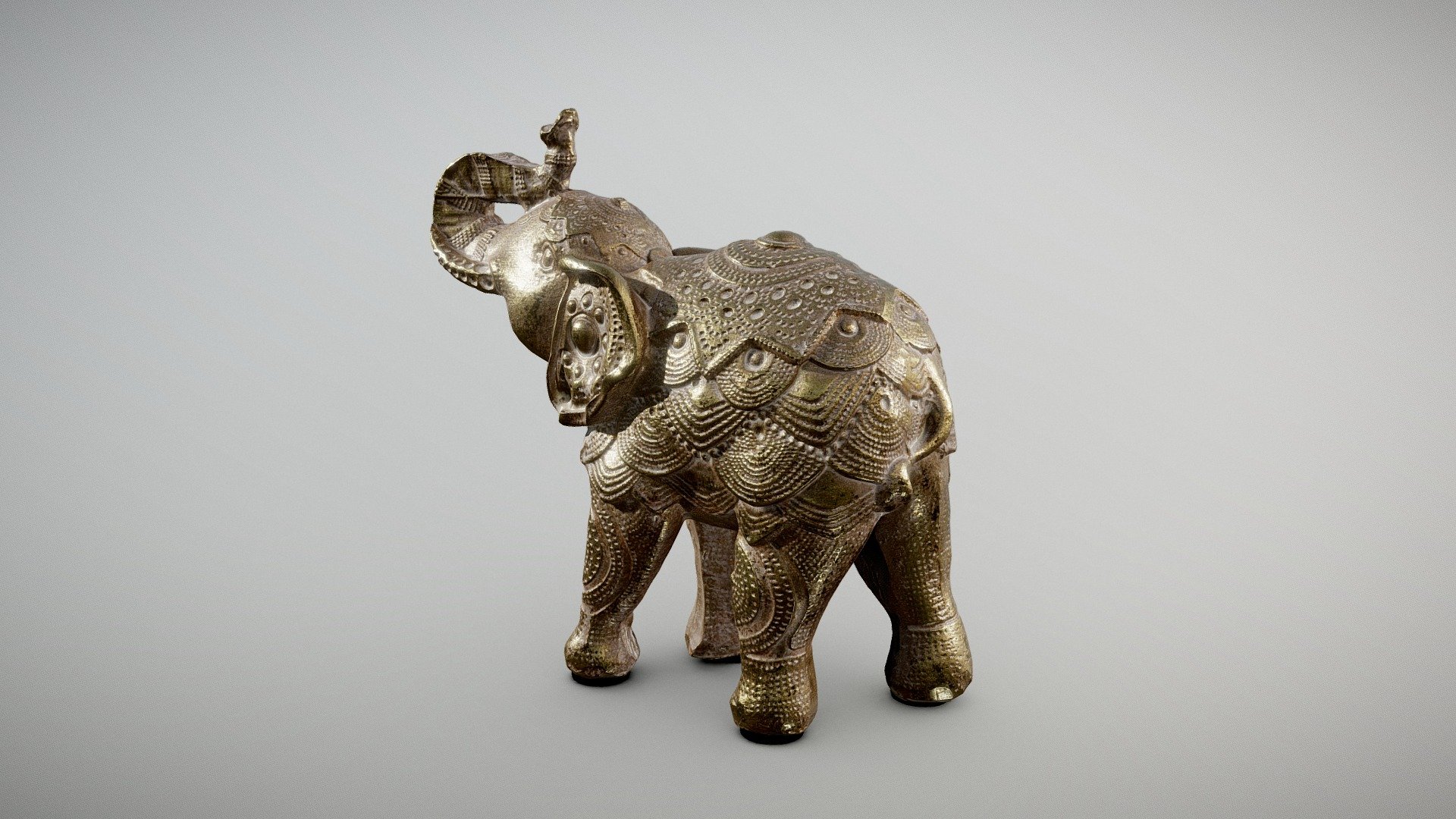 Golden Elephant Statue with Trunk Up 

This Elephant statue is made of resin material and painted in muted metallic gold color, whitewashed and not too flashy and garish.
 This Golden Elephant figurine is a great addition to your virtual decoration scene.

10.0 x 4.5 x 9.8 cm (43 micrometers per texel @ 4k)

Scanned using advanced technology developed by inciprocal Inc. that enables highly photo-realistic reproduction of real-world products in virtual environments. Our hardware and software technology combines advanced photometry, structured light, photogrammtery and light fields to capture and generate accurate material representations from tens of thousands of images targeting real-time and offline path-traced PBR compatible renderers.

Zip file includes low-poly OBJ mesh (in meters) with a set of 4k PBR textures compressed with lossless JPEG (no chroma sub-sampling) 3d model