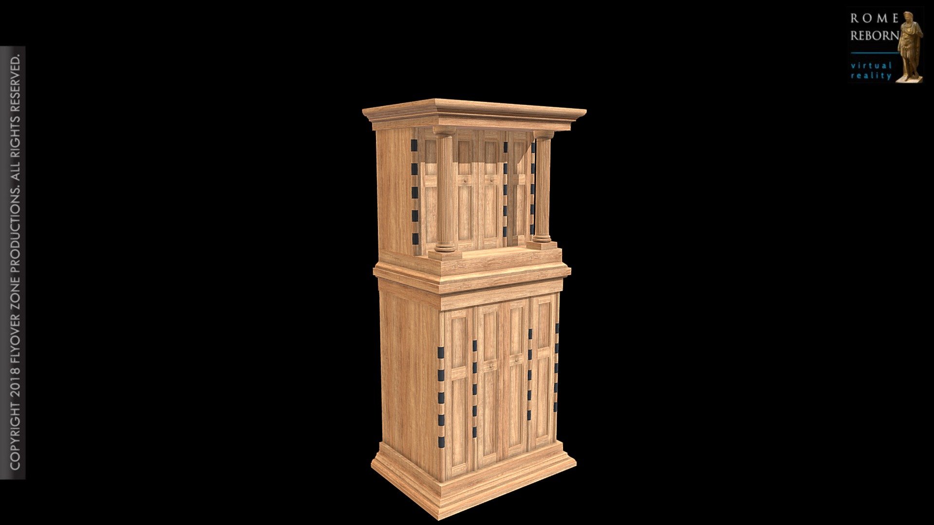 Name:  Shrine (reconstruction)
Material: Wood
Format: Furniture
Bibliography: A.T. Croom, Roman Furniture (The History Press, Stroud, Gloucestershire 2010) 134 (fig. 66)
Name of modeler: Davide Angheleddu
Copyright 2020 Flyover Zone, Inc. All rights reserved.
 - Shrine (reconstruction) - 3D model by Flyover Zone (@FlyoverZone) 3d model