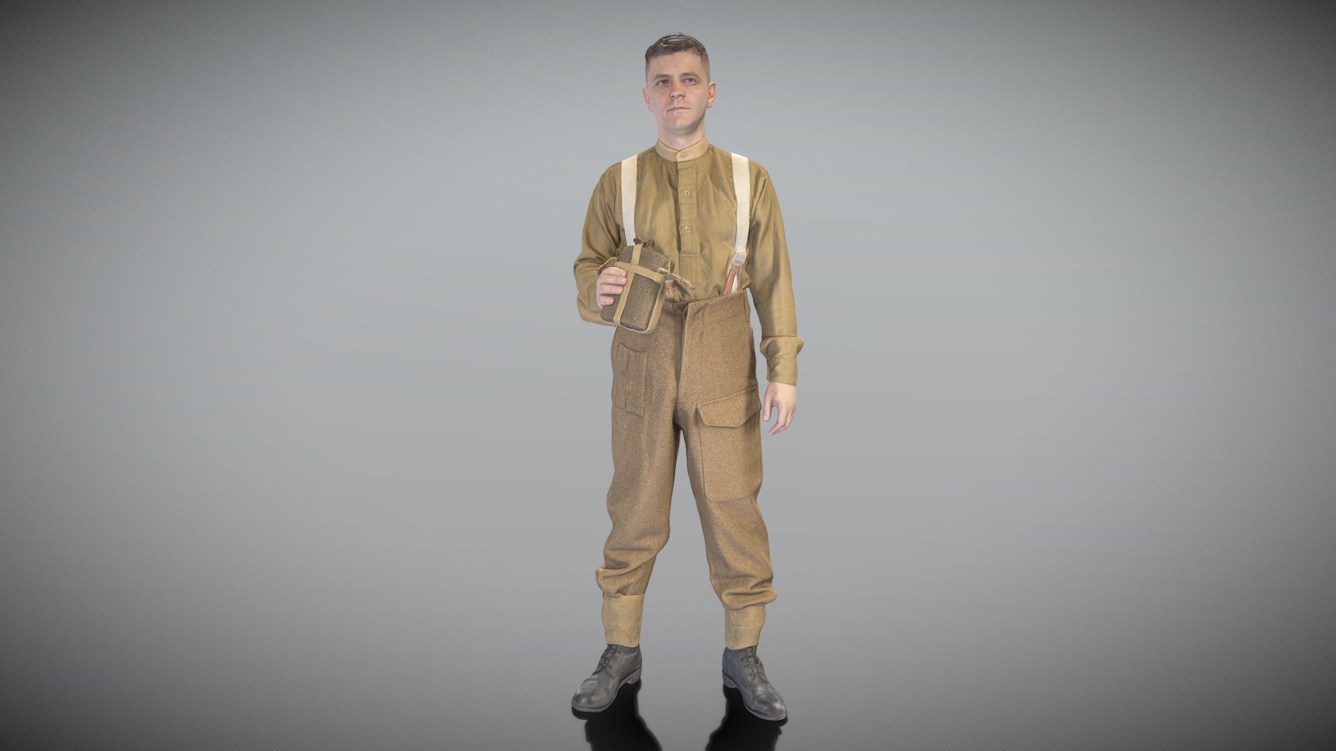 This is a true human size and detailed model of a British infantry character from 1940s. All props and suit are original. The model is captured in casual pose to be perfectly matching to variety of architectural visualization, background character, World War 2 reconstruction, performance, VR/AR content, etc.

Technical characteristics:




digital double 3d scan model

decimated model (100k triangles)

sufficiently clean

PBR textures: Diffuse, Normal, Specular maps

non-overlapping UV map

Download package includes Cinema 4D project file with Redshift shader, OBJ, FBX files, which are applicable for 3ds Max, Maya, Unreal Engine, Unity, Blender, etc. All the textures included into the main archive.

BONUSE: in this package you will also get a high-poly (.ztl tool) clean and retopologized automatically via ZRemesher 3d model in zBrush, thus youll be able to make your own editing of the purchased 3d model.

3D EVERYTHING - British infantry from World War 2 348 - Buy Royalty Free 3D model by deep3dstudio 3d model
