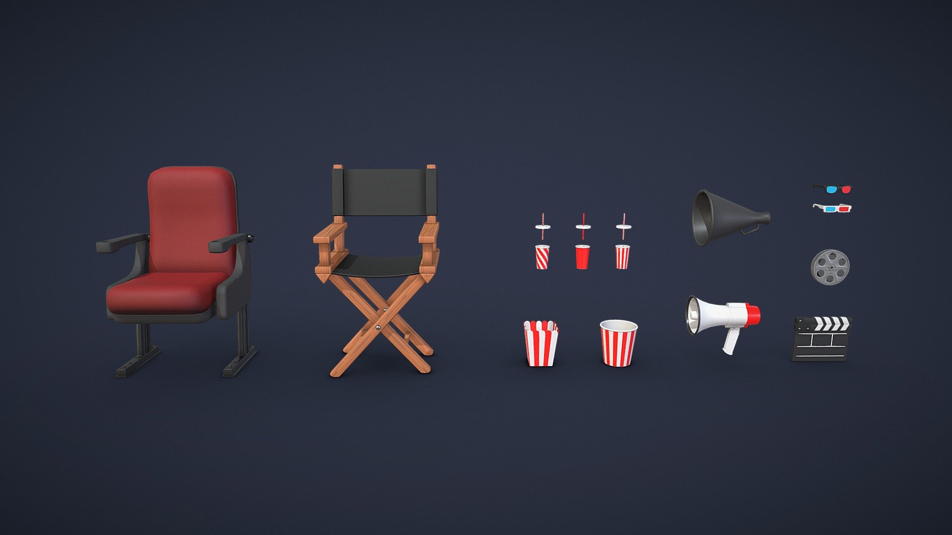 Pack of 13 different models for cinema

Pack include:




3D Glasses - 952 tris

Old 3D Glasses - 428 tris

Cinema Armchair - 4 168 tris

Clapperboard - 576 tris

Director Chair - 864 tris

Drink Cups - 1 344 tris

Film Reel - 1 824 tris

Megaphone - 1 400 tris

Old Megaphone - 1000 tris

Popcorn Cups - 528 and 668 tris

Diffuse, Normal, Roughness and Metallic textures

2048 x 2048 PNG textures

AR / VR / Mobile ready - Cinema Pack - Buy Royalty Free 3D model by Andrii Sedykh (@andriisedykh) 3d model