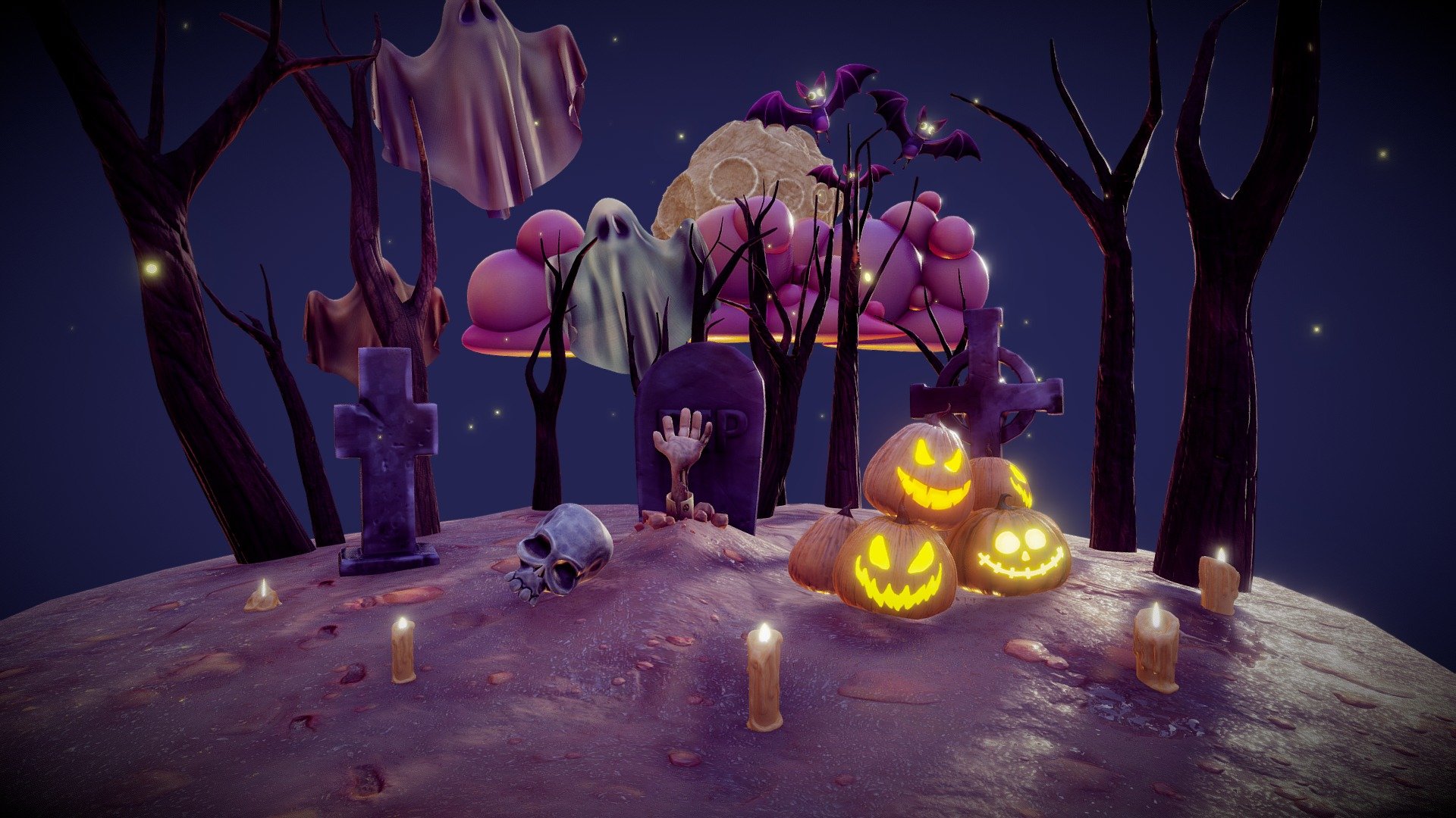 1 Ground

3 Candles

1 Skull

1 Bat 3 Textures

1 Zombie Hand

3 Pumpkins 6 Textures

3 Headstones

1 Ghosts 3 Textures

3 Clouds

1 Moon 

3 Trees
 - Halloween Collection - Buy Royalty Free 3D model by msanjurj 3d model