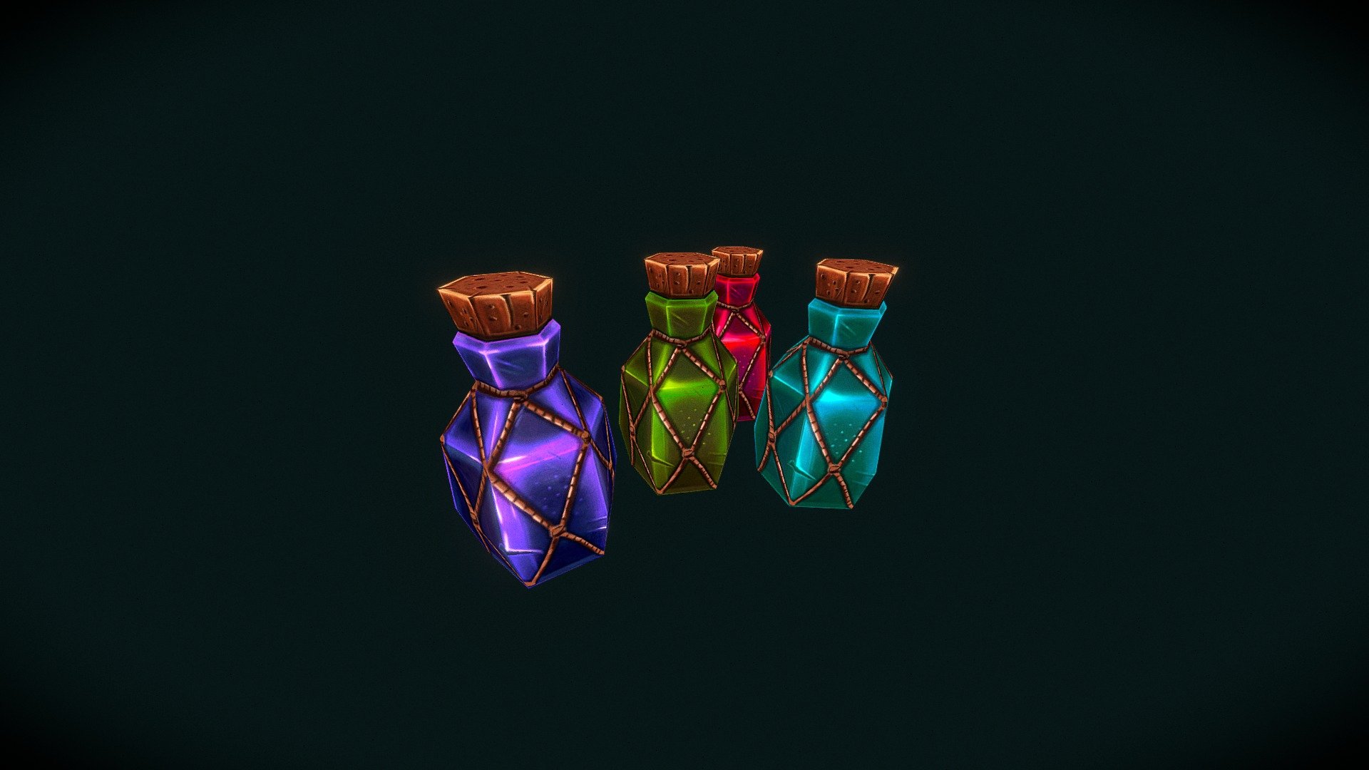 Some magic potions, handpainted

·Ropes can be hidden

·Diffuse only

·84 tris each bottle

·4 colours 1x1024px texture PSD File Included - [Low Poly] Glass Potions Bottle Set - 3D model by 3DANI (@3daniel) 3d model