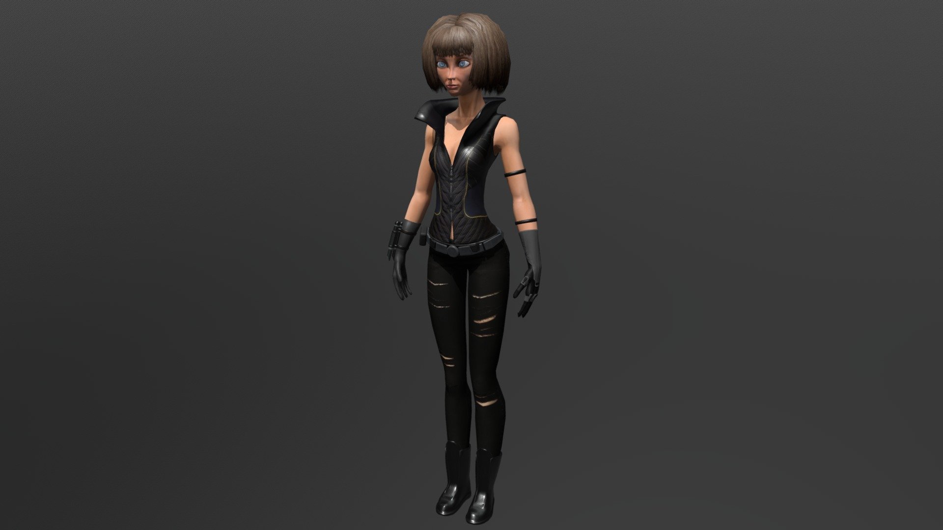 Female character made for game in cyberpunk style. She has 8 hairs and rig made in Auto-Rig Add-on (Blender). Not available for sale 3d model