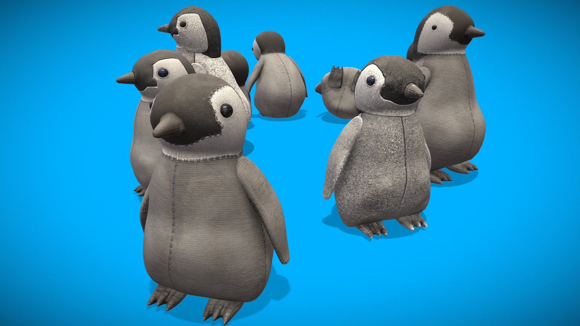 Child's Stuffed penguin toy, in several variations both in models and textures - From new to well-loved and worn. One model is subdivided for extra smoothness, the rest are in their native state. Specficially a baby Emperor-Penguin 3d model