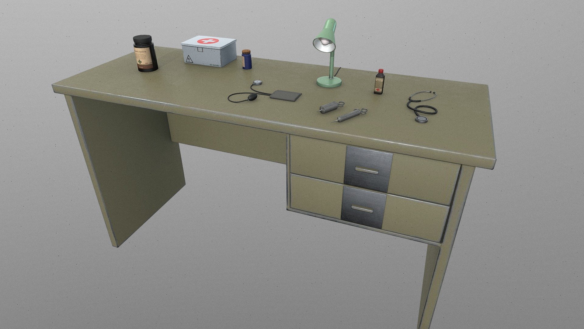 **Hospital Doctor Table - Low Poly **
(Real proportions).

Game Ready! 




There are 10 assets in one file, each one has its own name. 

All assets have the same default material. 

There is only one set of PBR textures for all meshes. 

The topology is quad-based. 

There are no ngos in the mesh. 

All medicines labels are fictitious and royalty-free..

Assets: 1 table, 1 stethoscope, 1 table lamp, 1 blood pressure meter, 2 syringes, 1 first aid box and 3 bottles. 




There is a zip file with .blend, .obj .fbx and textures. 

*object was not modeled for a 3d printer. 

*If you need any mesh ot texture adjustments, let me know 3d model