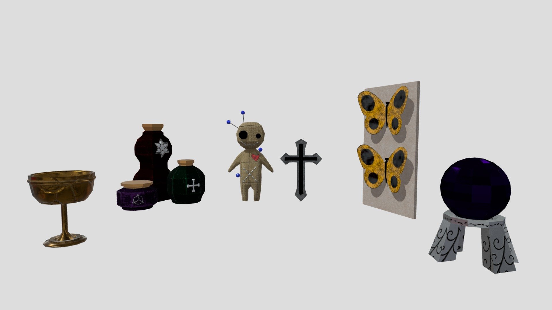 Learning to 3d model, UV, and texture. Theme is occult and the items I chose are: a voodoo doll, a crystal ball, pinned butterflies, a cross, a few potion bottles, and a goblet. 

Programs used: Maya (3d model and UV) and Substance Painter (texture) - 6 Props - Download Free 3D model by JordanPowell (@jpowell) 3d model