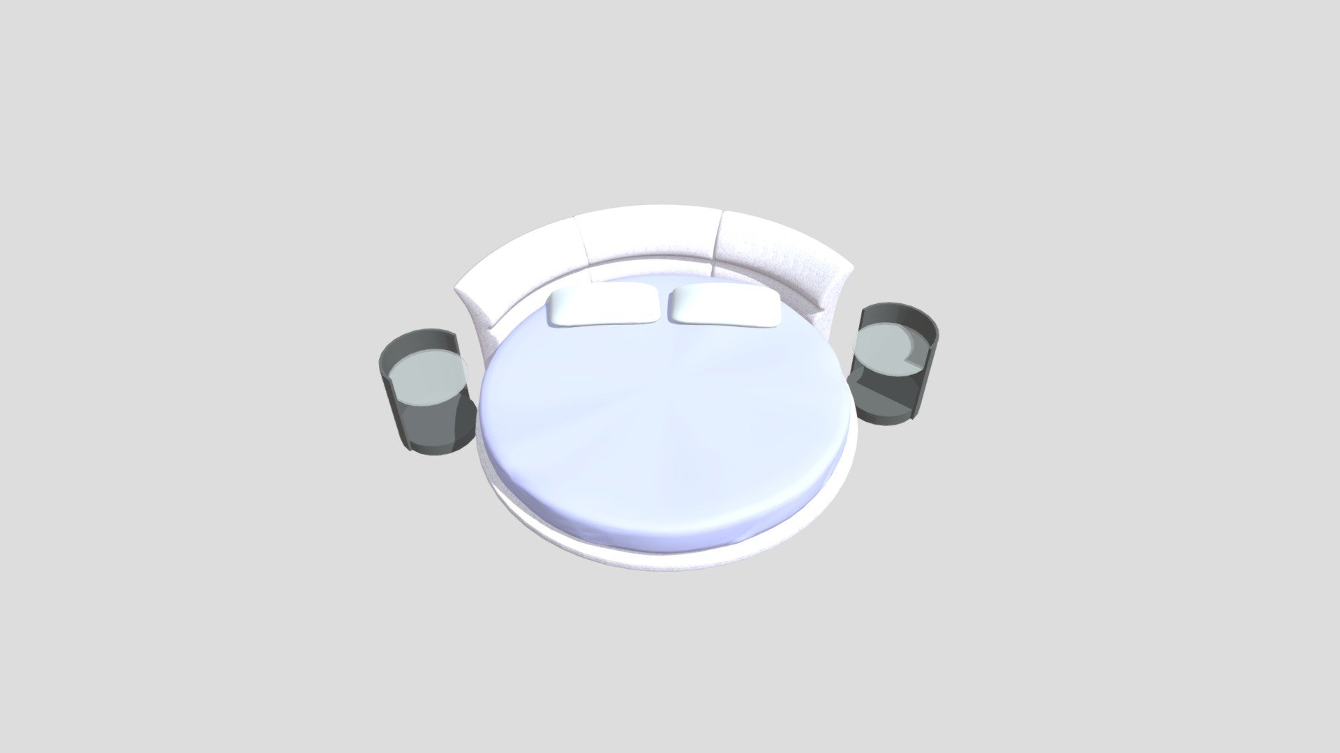 Round bed with white backrest with round black bedside tables 3d model