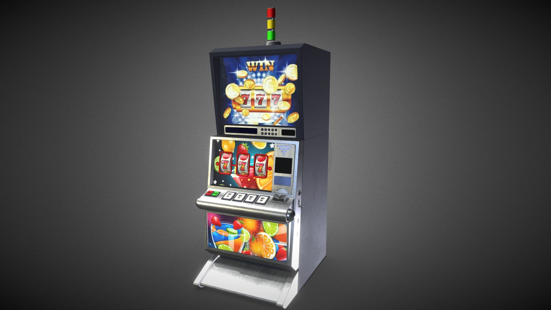 Gambling machine where a certain amount of money is wagered to win a cash prize.

-LOW POLY It contains a .rar with the asset in .fbx format, with 2 material and textures in x2048 .jpg - Color - Metalic - Normal map - Roughness - Specular - Ambient Occlusion- Opacity.

-Number of vertices 5,133.

-Real world scaled model.

-Ready for stage adornment 3d model