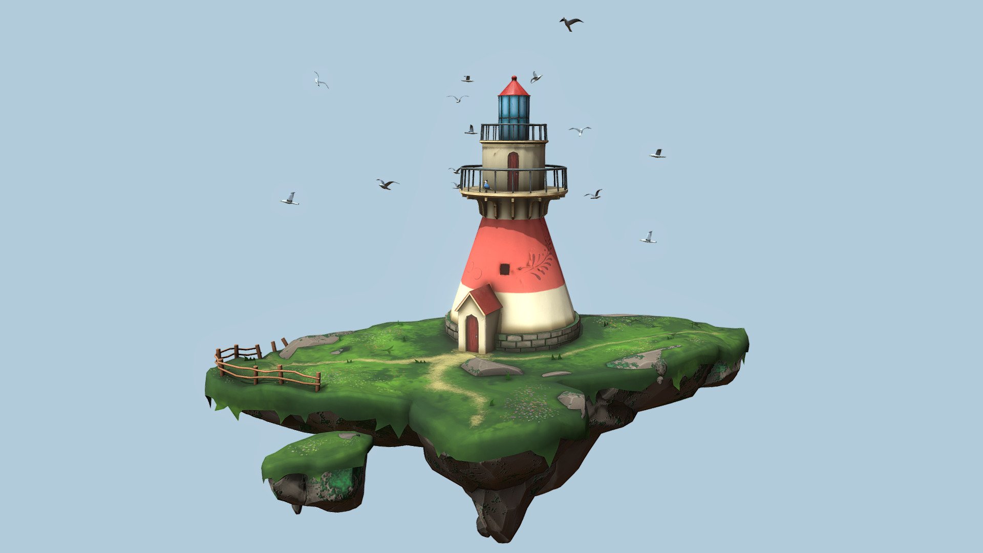 Reupload, cause I added seagulls (very important) 
Made this floating island with a lighthouse in 5 days trying to be done by the end of the week. And I gotta say, this was a marathon. Were a lot of troubles with baking, making fine details. If I had more time I would probably did separate bakes, but not this time. So, about the model: it’s a handpainted lowpoly with baked map from a highpoly. Triangles count: 27,5K. I was going with anime style (Miyazaki movies) and for reference I used artworks of Jim Shore (“Benatrex - Shorelights”), you’ll notice the lighthouse that I recreated.
Feel free to coment on my artwork) - Lighthouse on a floating island - 3D model by Just Jane 666 (@JustJane666) 3d model
