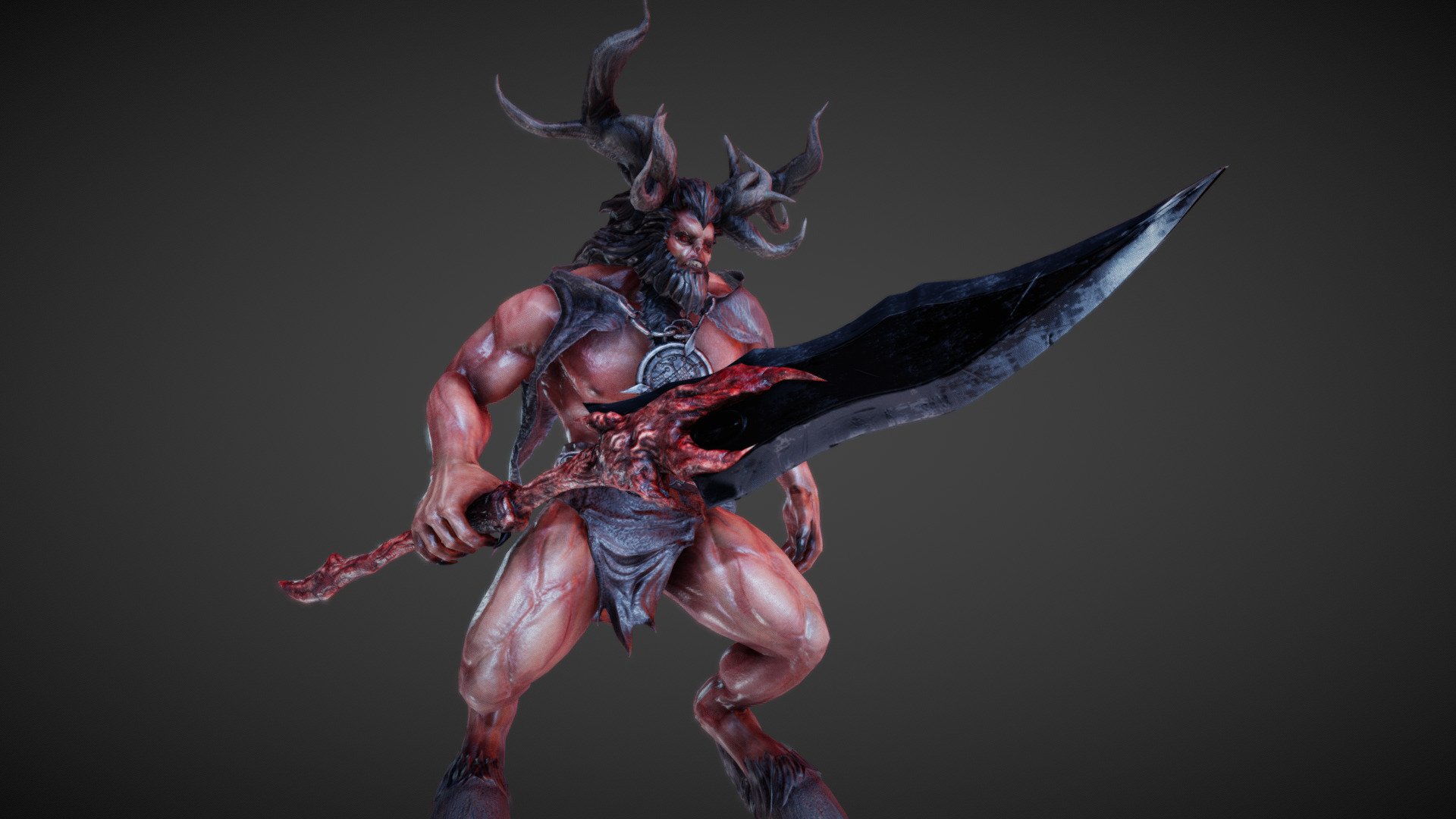 Video Game character
Rigged / Animated
2 x 2048 Set

I put all the horns superimposed, to see differents versions, look at the youtube video
https://www.youtube.com/watch?v=UjQgIylFb9E

https://www.artstation.com/backdude

28,611 tri :
Double Sided Cloth and chains for unity
Modulable (Differents horns, Hair, and cape movable)
25,478 without double sided - Demon Medium Animations - 3D model by BackDude (@adrien.esch) 3d model