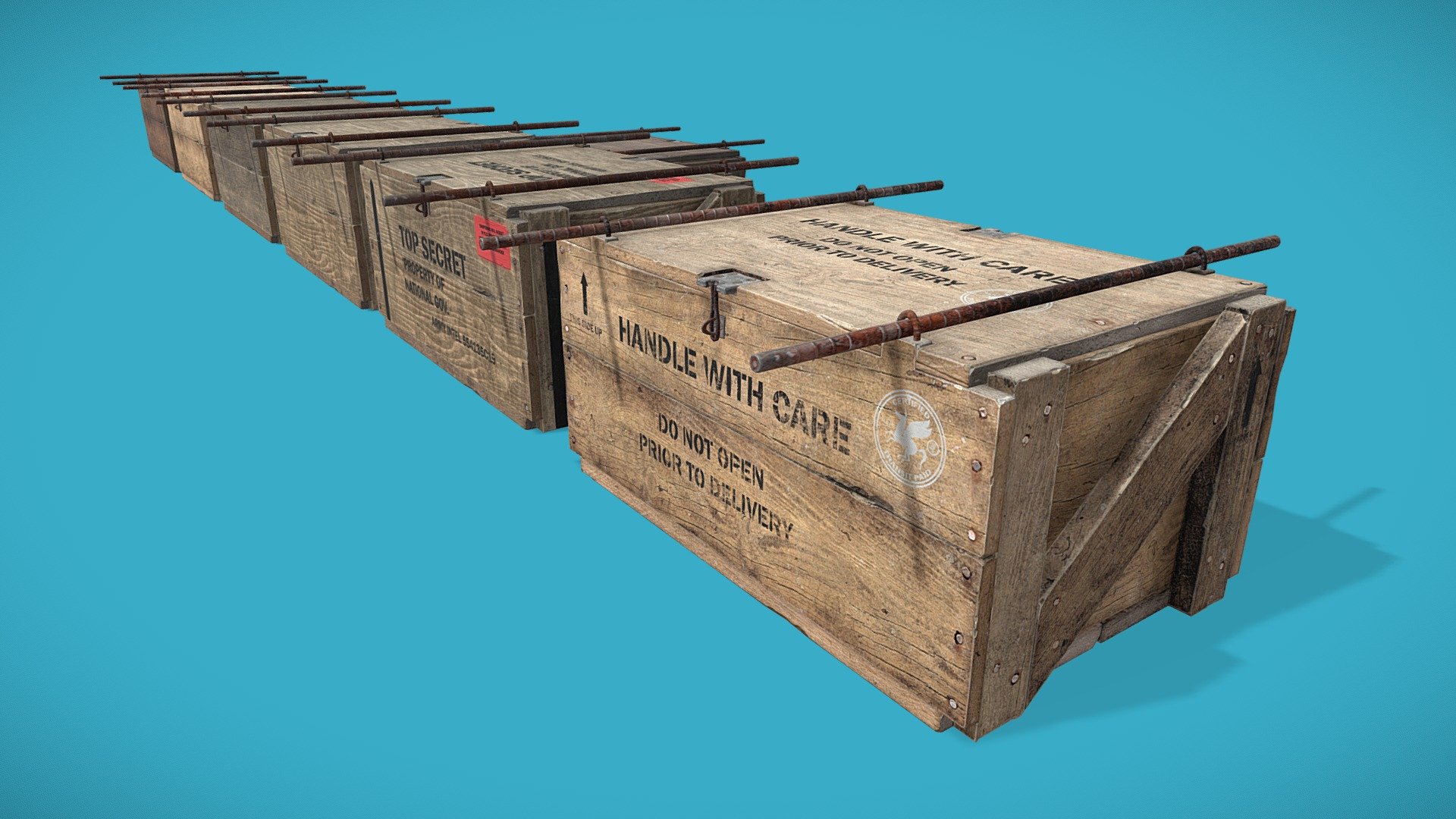 Secure, Reinforced &amp; Locked heavy wooden box / shipping crates - several texture variations included 3d model