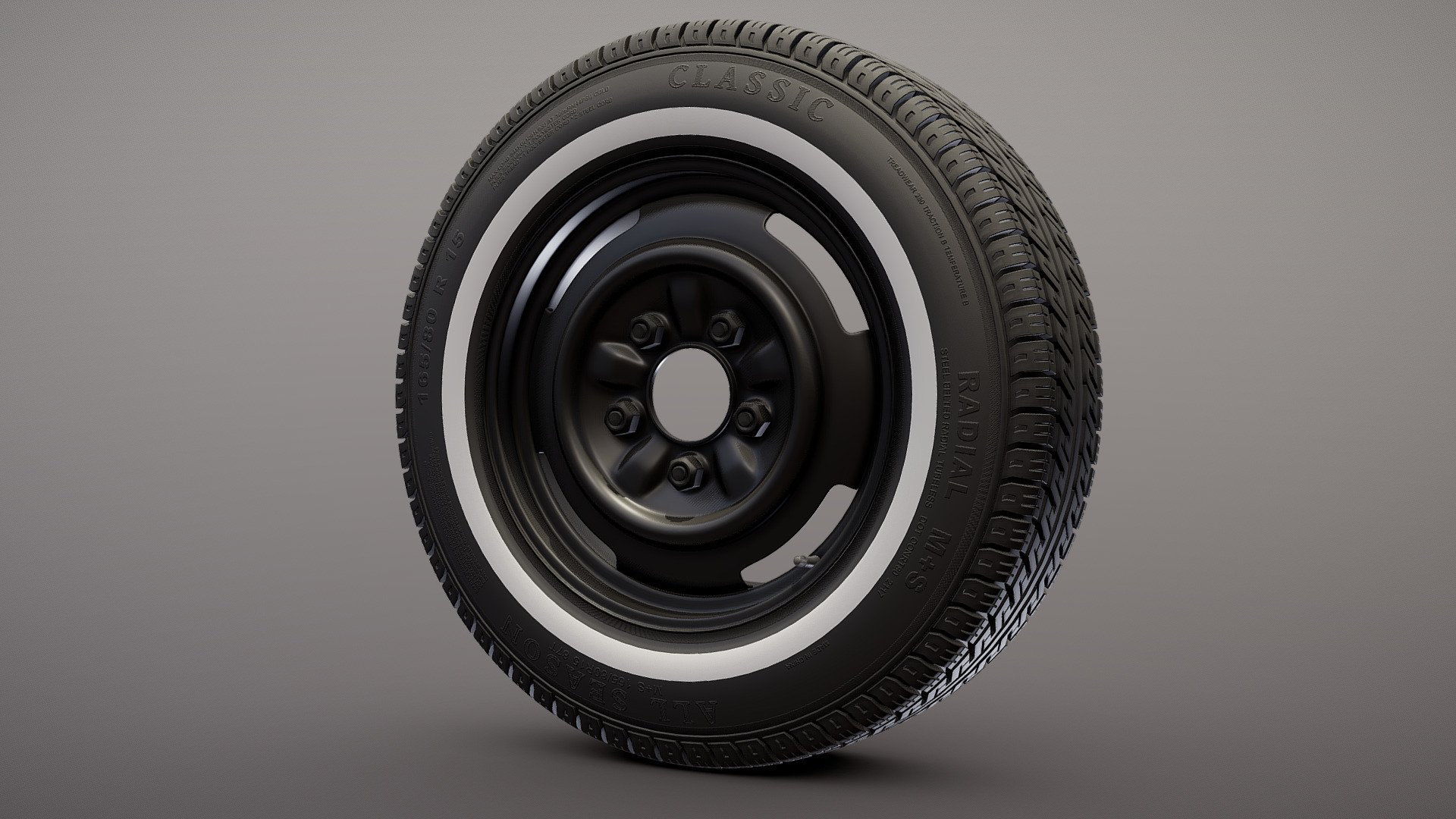 Classic car wheel with steel rim. Model is not unwrapped and not textured, except for the sidewall 3d model