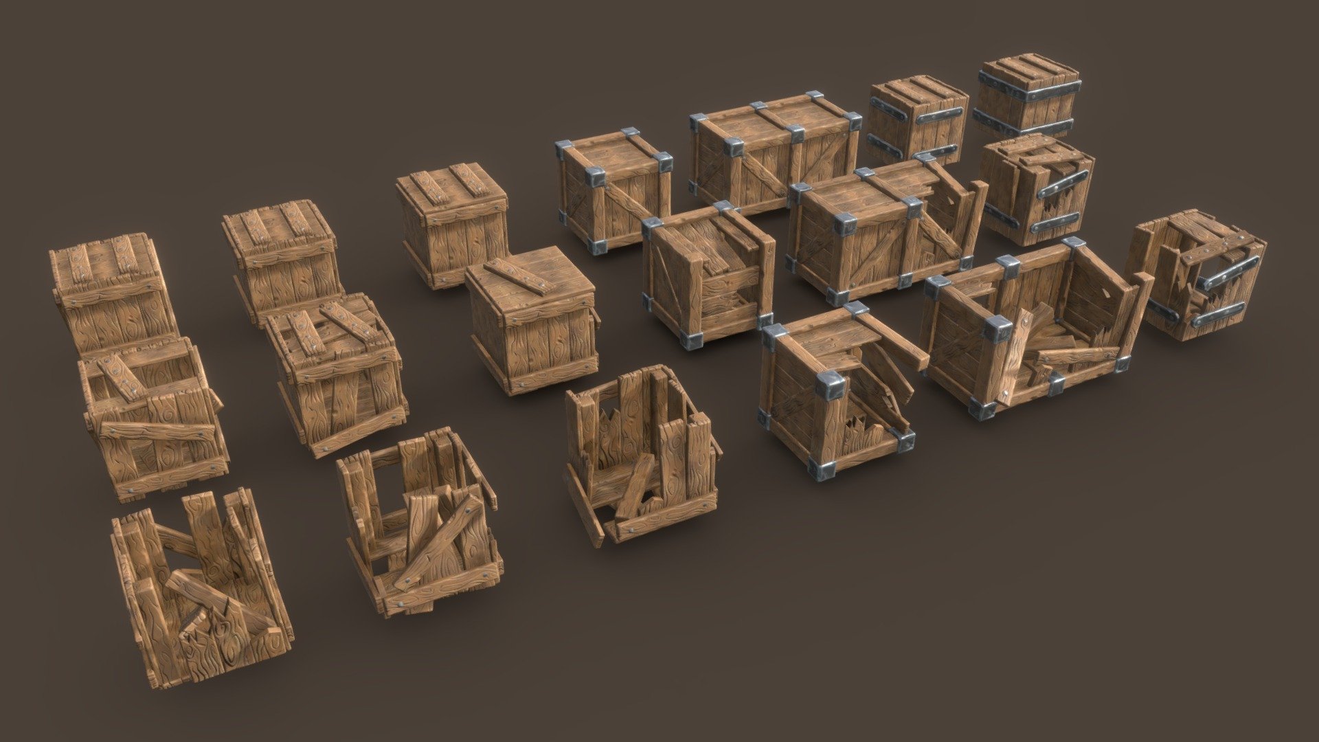 Game ready!
3D Model with assigned material - stylized medieval boxes for games and other scenarios.

2048x2048 textures.



Package includes:

* 7 whole crates

* 12 crates in various conditions

* 5 textures (1 material)



The combination of the simplicity of textures with a stylized maps will be perfect for games that focus on an artistic graphic style.


Texture style inspiration - Stylized Station


More models in this style in the future&hellip;


For more 3D models check my profile! 
Like it? Let me know in the comments :)
 - Stylized Crates - Buy Royalty Free 3D model by Mikołaj Michalak (@M_Michalak) 3d model