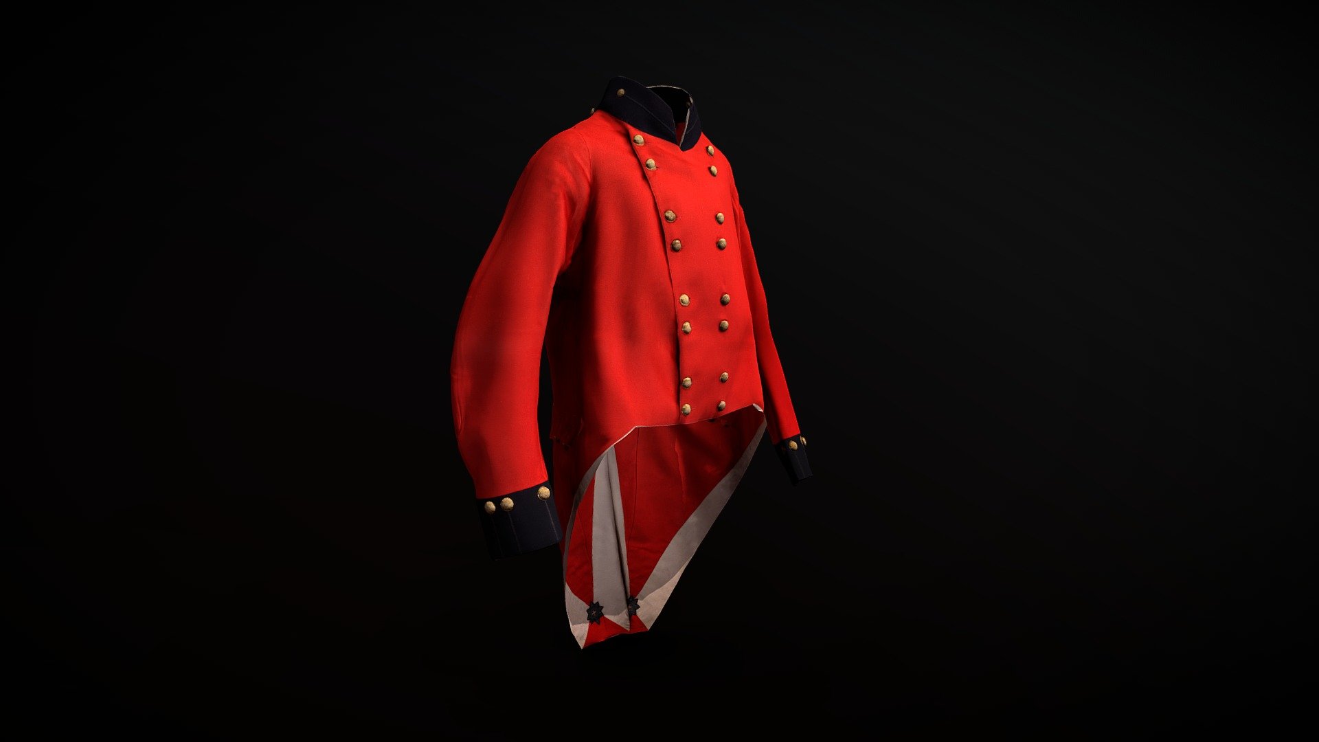 2nd Battalion Royal Cornwall Militia, belonging to John Hext of Trenarn, born 1766 died 1838. Commanded the 2nd Royal Cornwall, or Roseland Regiment of Local Militia. Double-breasted scarlet cloth with blue collar and cuffs. Eight gilt buttons set in pairs on either side of front opening. Lapel of collar can be worn turned back with top four buttons undone, to show blue facing. Top four button holes on blue side of lapels have ornamental blue twist bindings. All front button holes on scarlet side have crimson twist bindings.

This item originates from the collection at Bodmin Keep Musuem, Cornwall, UK. The model was created by Purpose3D. If you are interested in purchasing the model, please get in touch with Purpose 3D 3d model