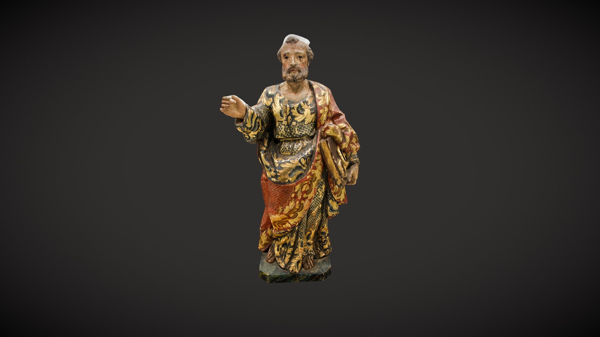 This statue of St. Peter is a small, ornate piece approximately 10 inches tall.  It was most likely used at a private devotional altar in an affluent Ecuadorian household in the 19th century.  The twelve apostles were usually depicted together, so there are most likely 11 other statues of the same size that came in a set, and have since been lost.  These apostles statues are also known as Santos figures, or Apostolados 3d model