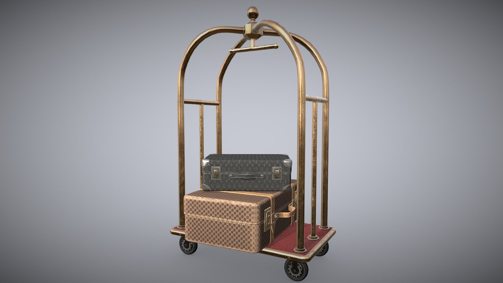 Hotel luggage trolley PBR low-poly game ready
all models are separated
Polygons 7840
Vertices 7961
Textures_2K_4K -JPEG,PNG (Unreal Engine 4)
textures contains threetexture set : 2K_4K (Diffuse,Normal,
Metalness,Roughness,AO)
Archive Textures consist full PBR_JPEG texture set.
Original designed no IP required.
Royalty free this mean you can use this product in any 
commercial and noncommercial purpose but you can't resale
this asset as is 3d model
