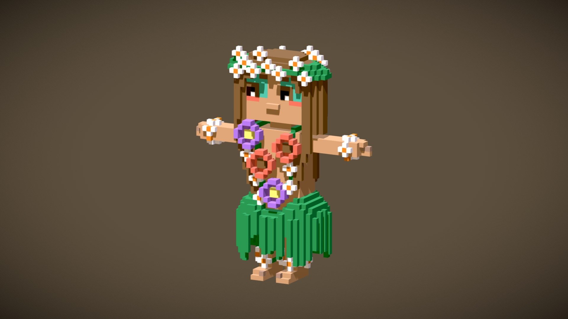 Cute hawaiian girl with many flowers. She is one of my favourite characters that I made. Hope you like my art! - Hawaiian girl Voxel - Buy Royalty Free 3D model by Sora (@dualityart) 3d model