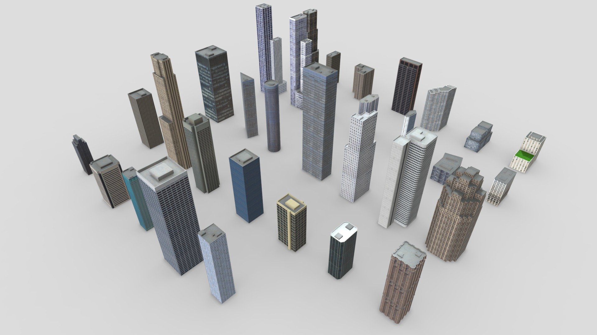 33 low-poly city buildings. Textures include colour and spec maps 3d model