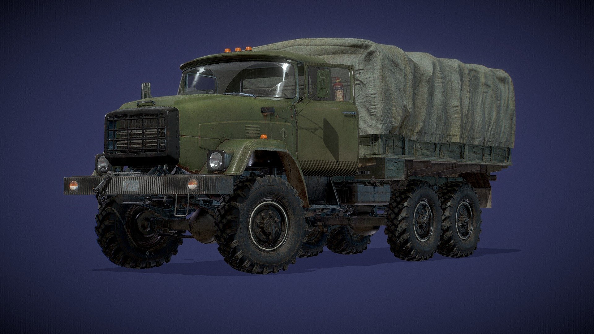 Russian inspired army truck, merging concepts of the famous ZIL-130 and the never-released ZIL-Э133ВЯТ. Made in Blender, sculpted in ZBrush, UVed in Rizom and textured in Substance Painter. Also, a huge shout out to PureRef that doesn't get enough credit. 
Made the cab and interior using high-low baking workflow on top of weighted normals to allow for baking a sculpted HD mesh with dents and scuffs. The rest of the truck is using weighted normals only.

Very good quality interior, making it suitable for 1st person camera.

Game ready although the policount may not be the best for a background enviroment prop (unless you're using Nanite).

The .blend file is included with the truck in its neutral possition, the tires undeformed, high res tga textures and this cargobay https://skfb.ly/ouZVo. It is organized in collections containing the different truck parts to allow for easier creation and export of new interchangeable parts like Bumpers, Frame addons, tires, etc.

https://www.artstation.com/artwork/B1Ay88 - DCB K-133BYAT (Unbranded) with tarp - Buy Royalty Free 3D model by Axel Roman (@DeathCoreBoy1) 3d model