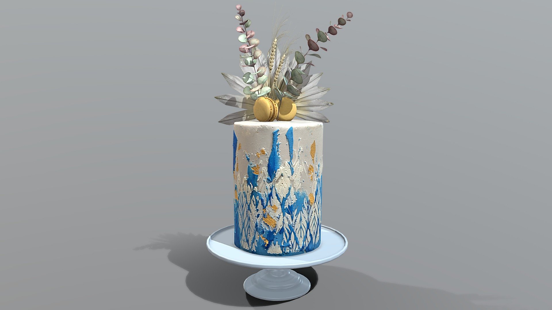 3D scan of a Luxury Aegean Golden Blue Buttercream Cake on the elegant mosser stand which is made by CAKESBURG Online Premium Cake Shop in UK.

This 3D cake can be personalised with any text and colour you want. Please contact us.

You can also order real cake from this link: https://cakesburg.co.uk/products/luxury-buttercream-cake-07?_pos=1&amp;_sid=34087e537&amp;_ss=r

Cake Textures - 4096*4096px PBR photoscan-based materials (Base Color, Normal, Roughness, Specular, AO)

Macarone textures - 4096*4096px PBR photoscan-based materials (Base Color, Normal, Roughness, Specular, AO)

Palm, Eucalyptus and Wheat Textures - 4096*4096px PBR photoscan-based materials (Base Color, Normal, Roughness, Specular, AO) - Luxury Aegean Golden Blue - Buy Royalty Free 3D model by Cakesburg Premium 3D Cake Shop (@Viscom_Cakesburg) 3d model