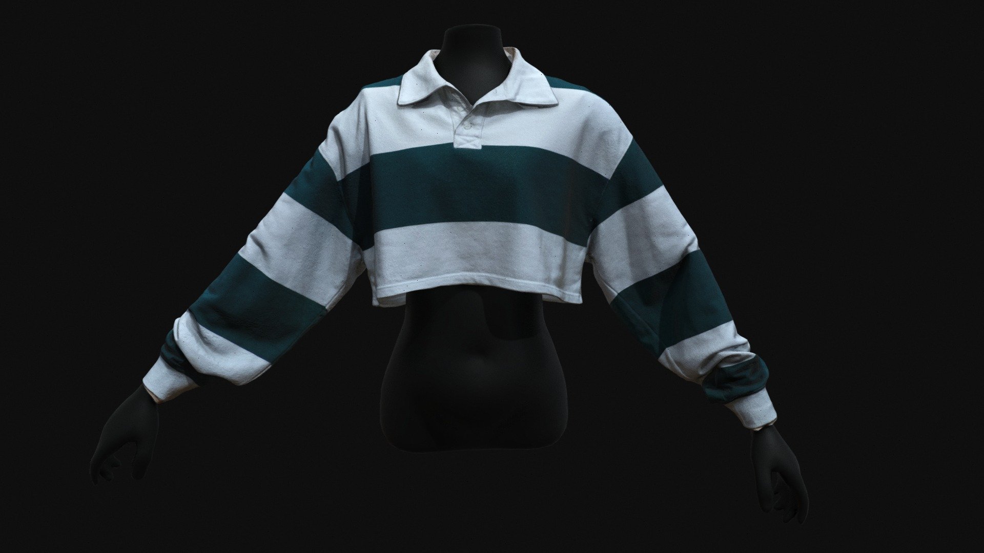 Short fitted top with bare navel long sleeve basic shirt with green and white stripes. High resolution 3D scanning with low poly retopology 3d model