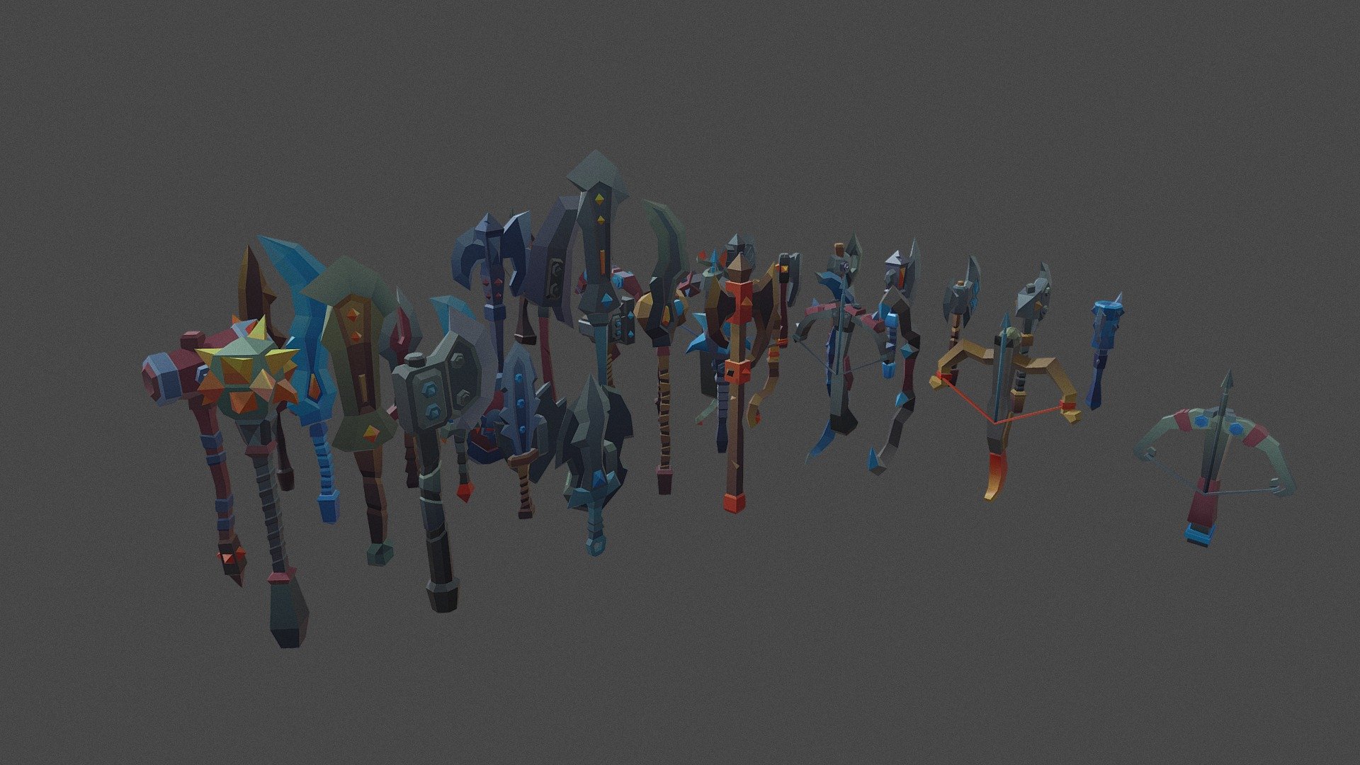 A cartoony weapons set for the Brave series.
Set contains 39 objects and an example scene. Most of the assets are using the same material, so it’s very optymized.

Key Features:




39 unique resources with one material/texture for all objects


unique texture gradient




simple texture color change



Weapons:




texture 1024 x 1024


color_weapons material




Shields (3 objects): av tris 286-474



Swords (5 objects): av tris 288-885

Two-Hands (4 objects): av tris 376-1037

Two-Hands Hammer (2 objects): av tris 946-995

Axes (7 objects): av tris 481-1247

Bows (4 objects): av tris 222-448

Crossbows (6 objects): av tris 698-1174

Hammers (3 objects): av tris 603-778

Polearms (5 objects): av tris 423-1080
 - Weapons Set - Brave Series - Buy Royalty Free 3D model by monument3de 3d model